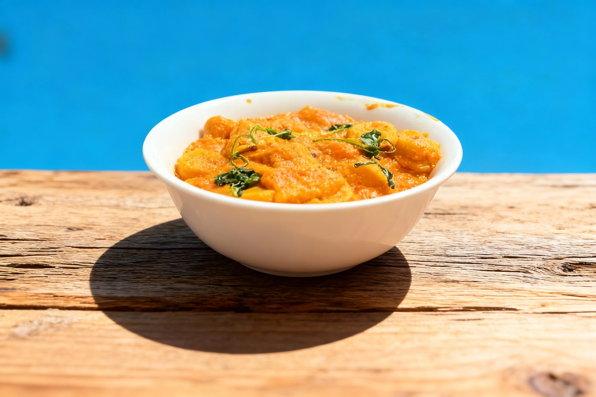 A creamy, vibrant orange-red curry featuring small, oblong pieces (possibly dumplings or potato), garnished with sprigs of fresh green herbs.