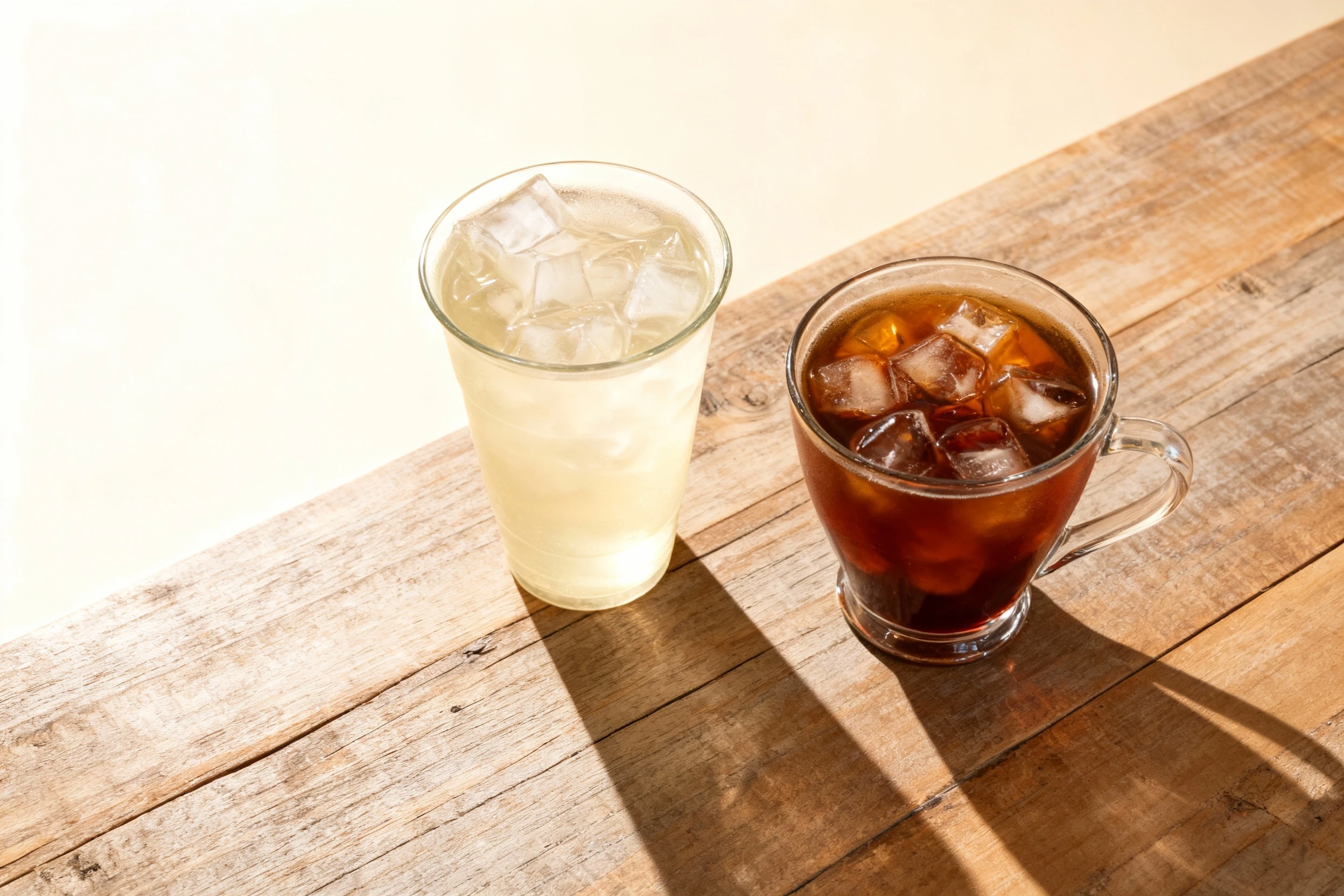 Iced Americano and a pale iced beverage served in plastic takeaway cups with yellow cardboard sleeves and black straws.