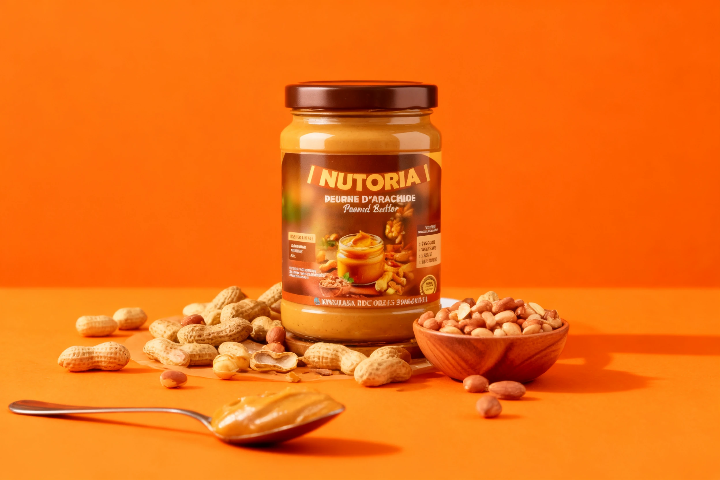 A glass jar of smooth Nutoria peanut butter with a spoon of the product in the foreground, surrounded by whole peanuts and a small bowl of shelled nuts.