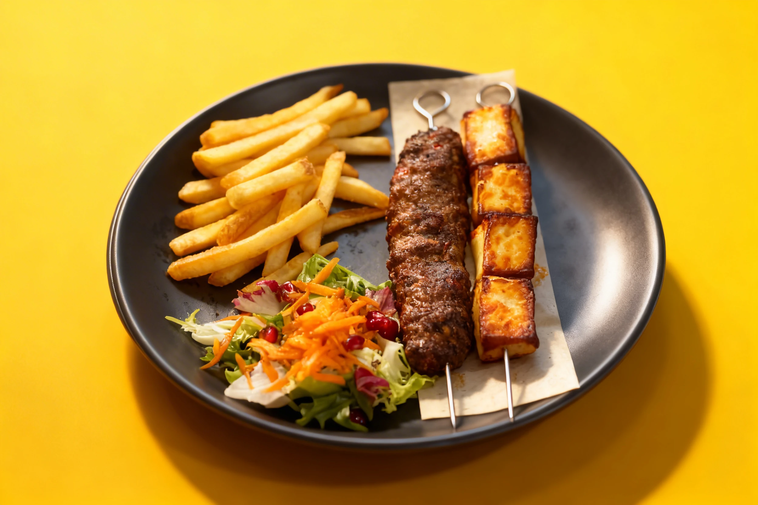 Grilled meat kebab and cubes of halloumi on metal skewers, served with golden french fries and a fresh side salad of mixed greens, shredded carrots, and pomegra