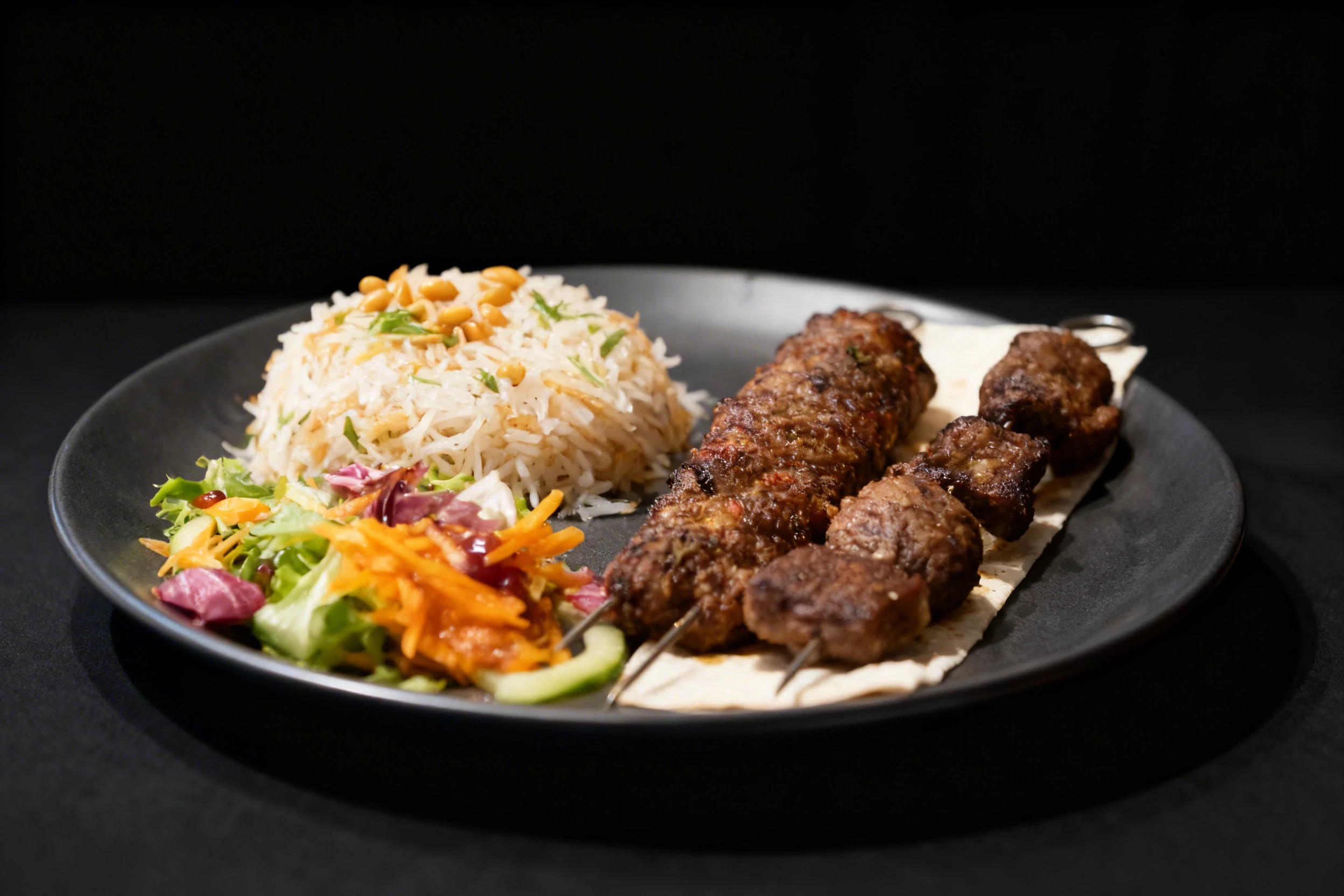 Grilled kofta and lamb skewers served on flatbread with a side of vermicelli rice topped with pine nuts and a mixed green salad with shredded carrots.