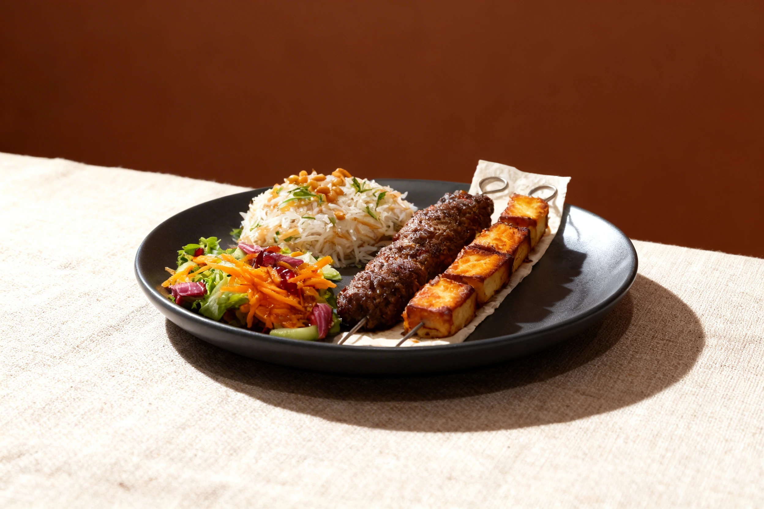 Grilled kofta kebab and paneer cheese skewers served with vermicelli rice topped with pine nuts and a fresh garden salad.