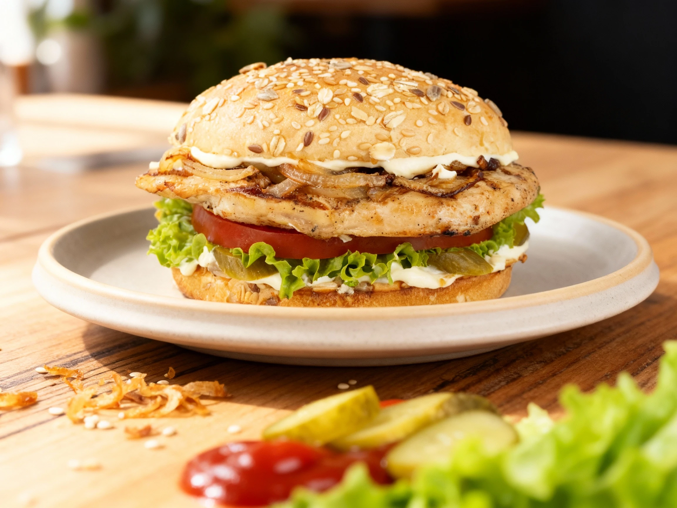 A large chicken burger served on a multi-seed bun, featuring a grilled chicken fillet topped with caramelized onions, a thick slice of tomato, fresh lettuce, sl