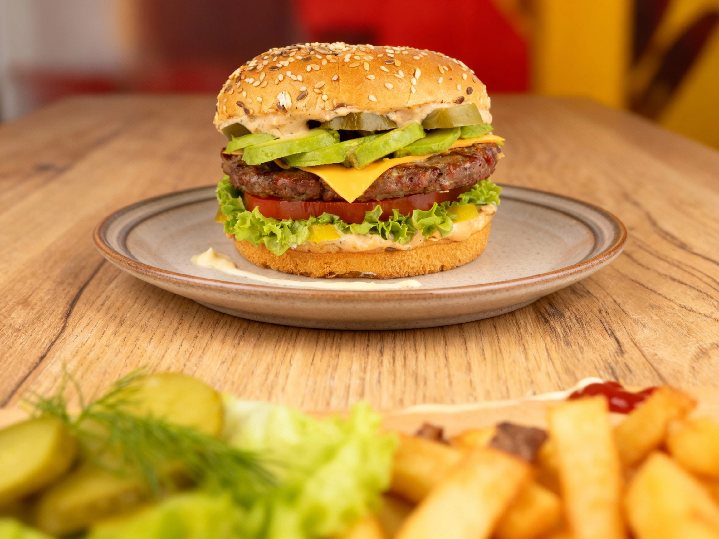 A tall gourmet burger featuring a grilled beef patty topped with a slice of melted cheese, generous slices of fresh avocado, and dill pickles, served on a toast