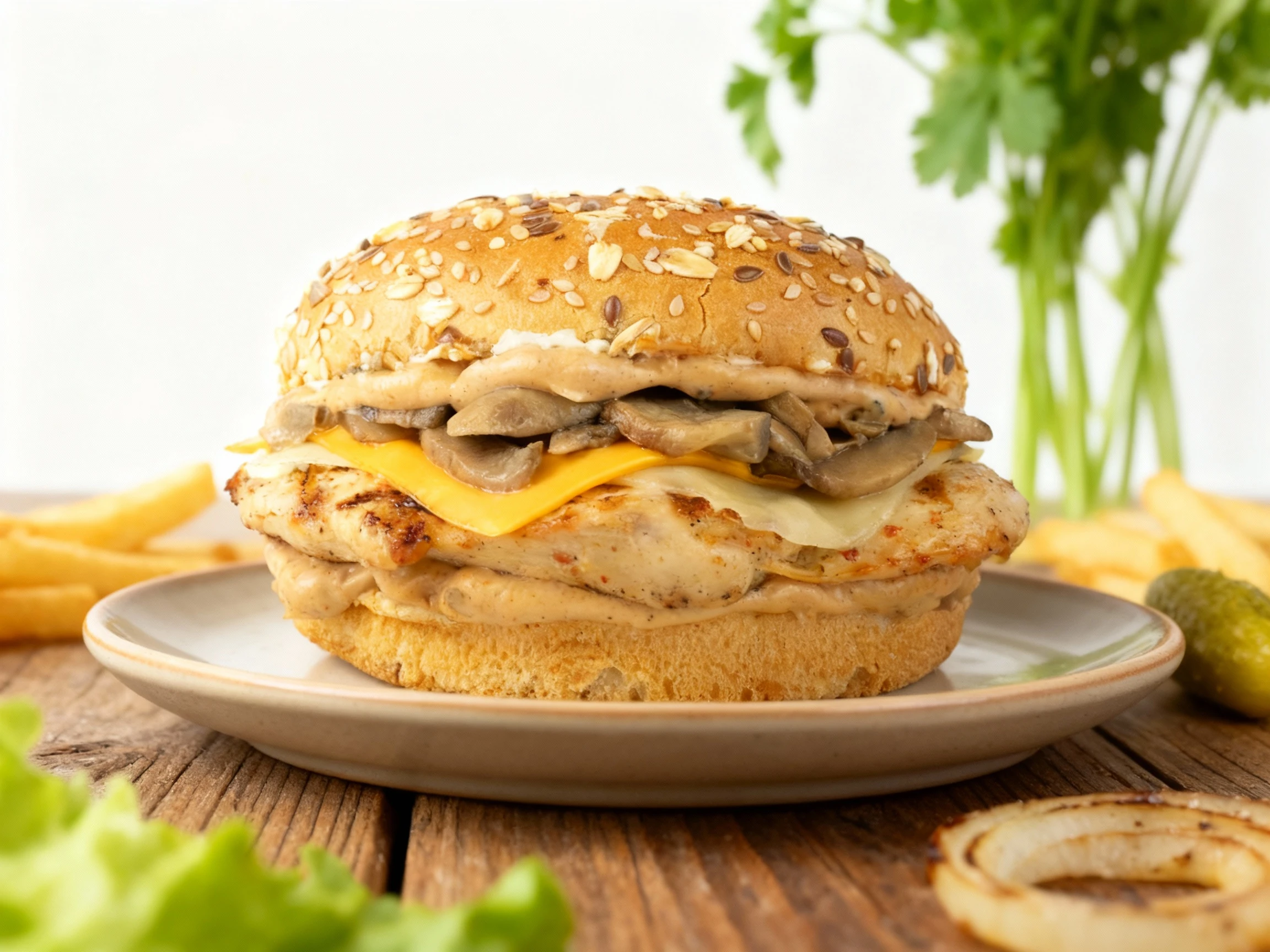 A specialty chicken sandwich built on a multi-seed bun, featuring a grilled chicken fillet, topped with sautéed mushrooms, a slice of yellow cheese, a slice of