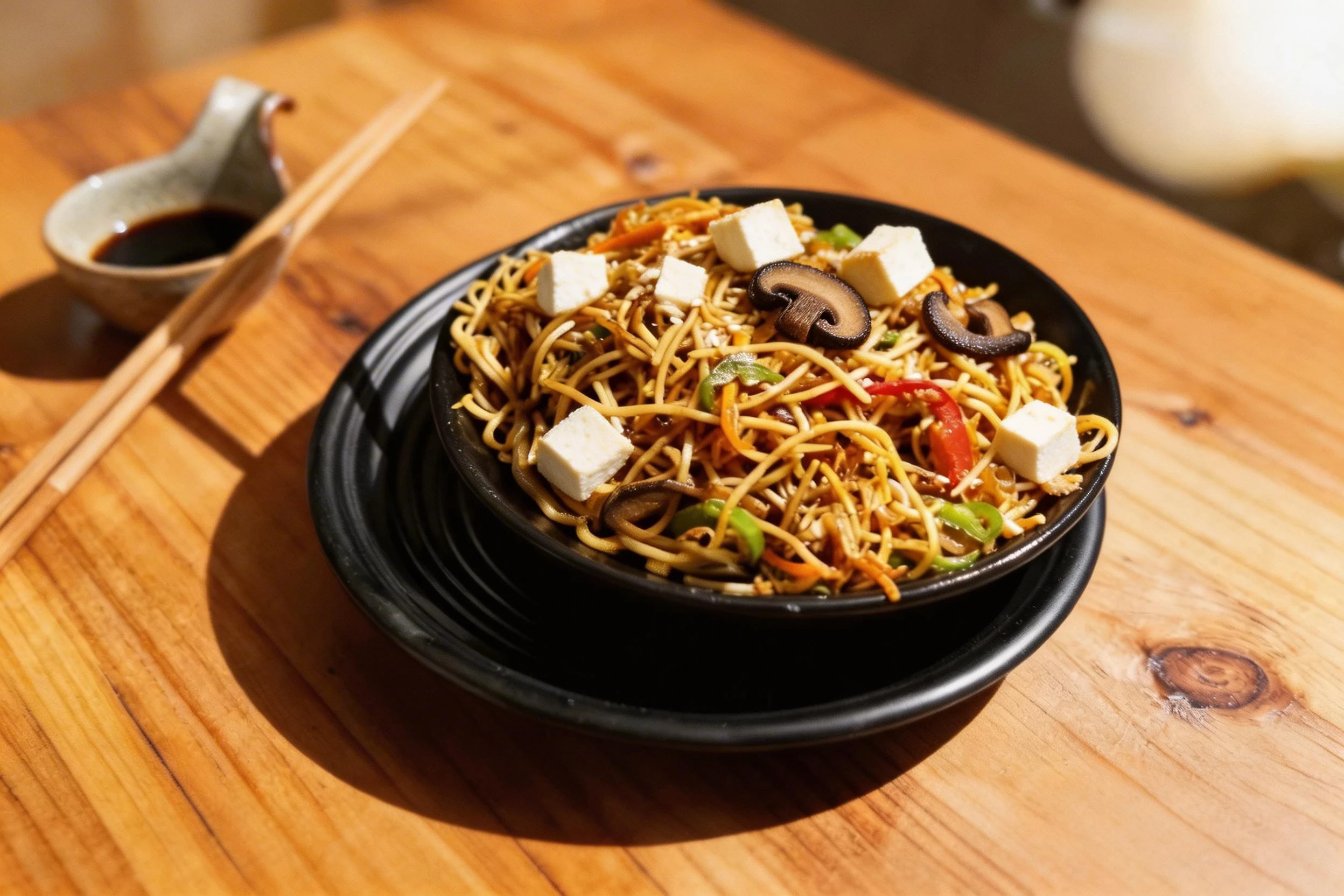 Vegetable stir-fry noodles with sliced bell peppers, onions, and carrots, topped with sesame seeds.