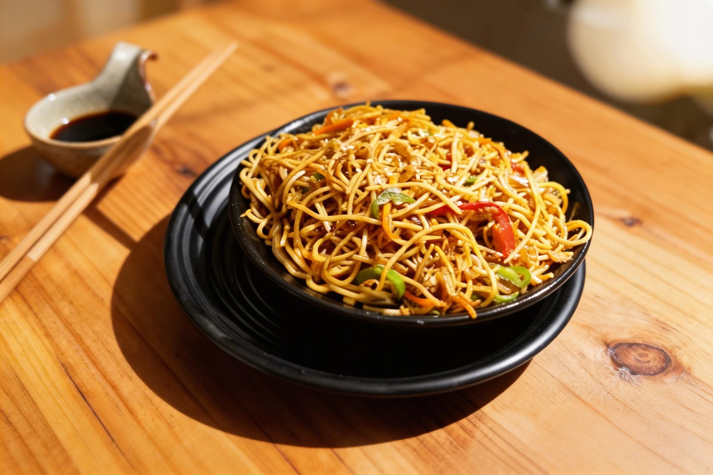 Vegetable stir-fry noodles with sliced bell peppers, onions, and carrots, topped with sesame seeds.