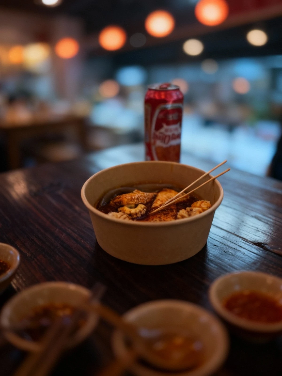 A bowl of spicy hot pot, likely Malatang, featuring various ingredients like scored seafood (squid or cuttlefish) and triangular fish cakes, swimming in a rich,