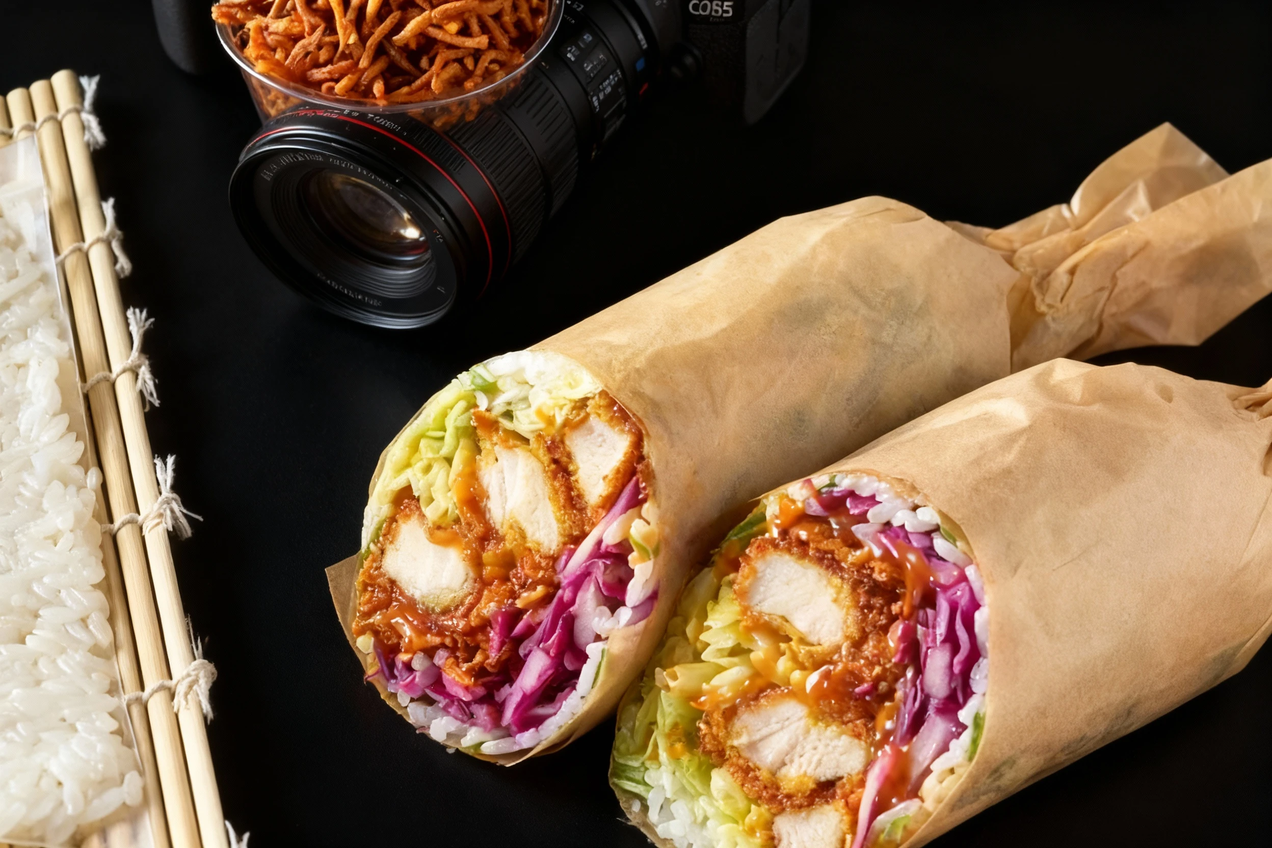 Two oversized, sushi-style rice wraps, cut and displayed, revealing crispy fried chicken pieces, white rice, shredded purple cabbage, and lettuce coated in a sa