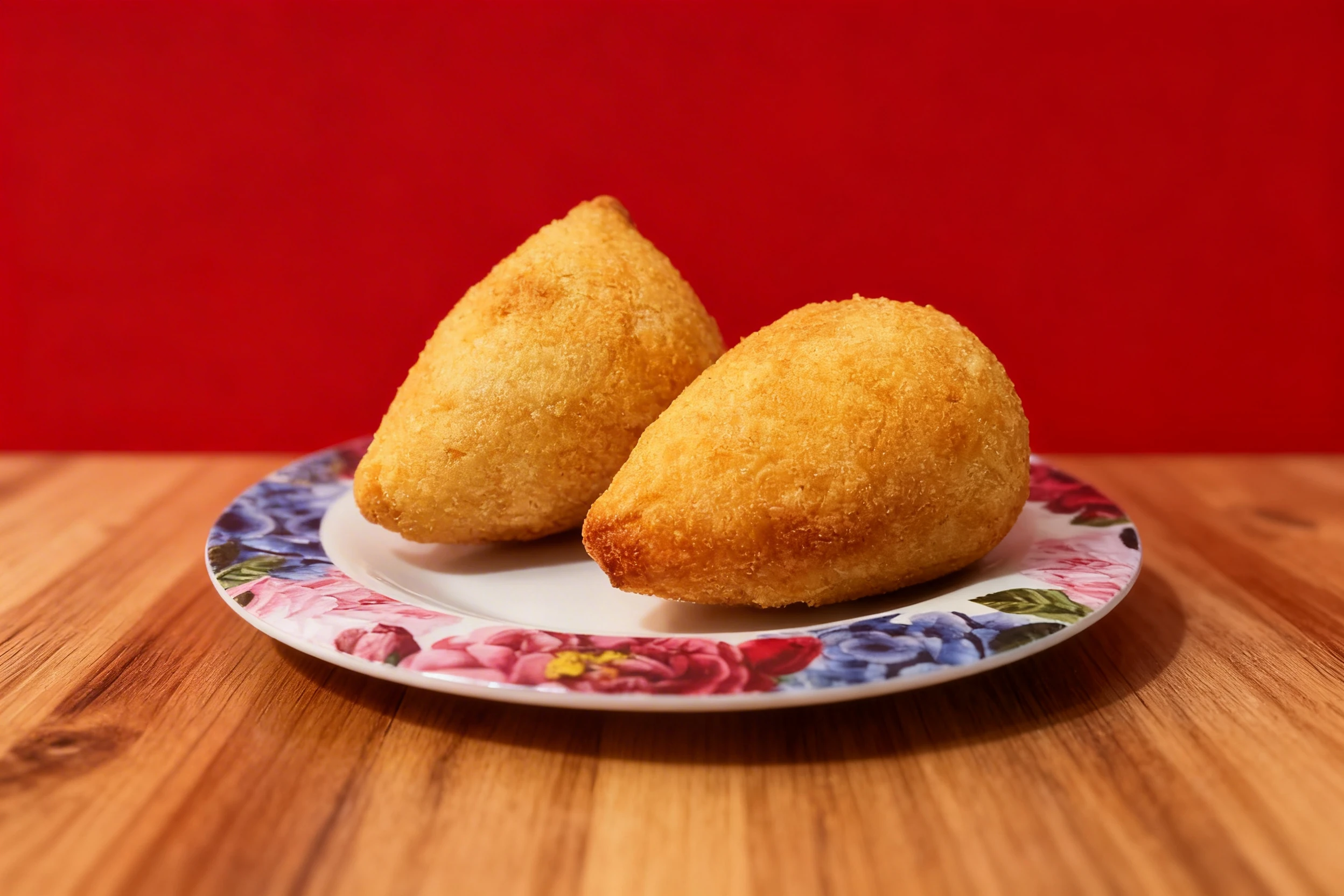 Two golden-brown coxinha, teardrop-shaped fried dough snacks, served on a floral patterned plate.