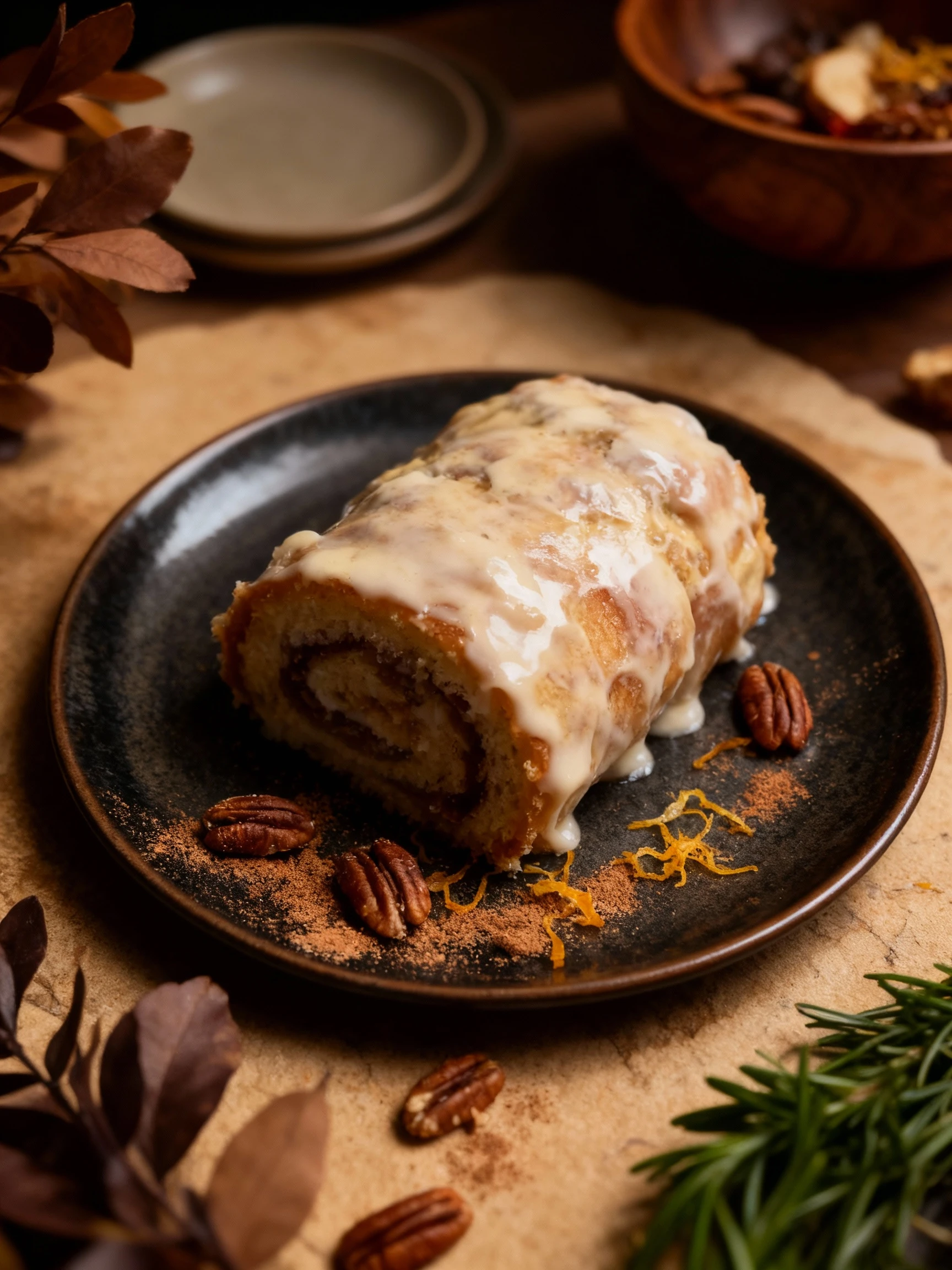 A sweet dessert roll, likely a cinnamon roll, heavily coated in a thick, melted glaze or cream cheese frosting, served swimming in excess sauce.