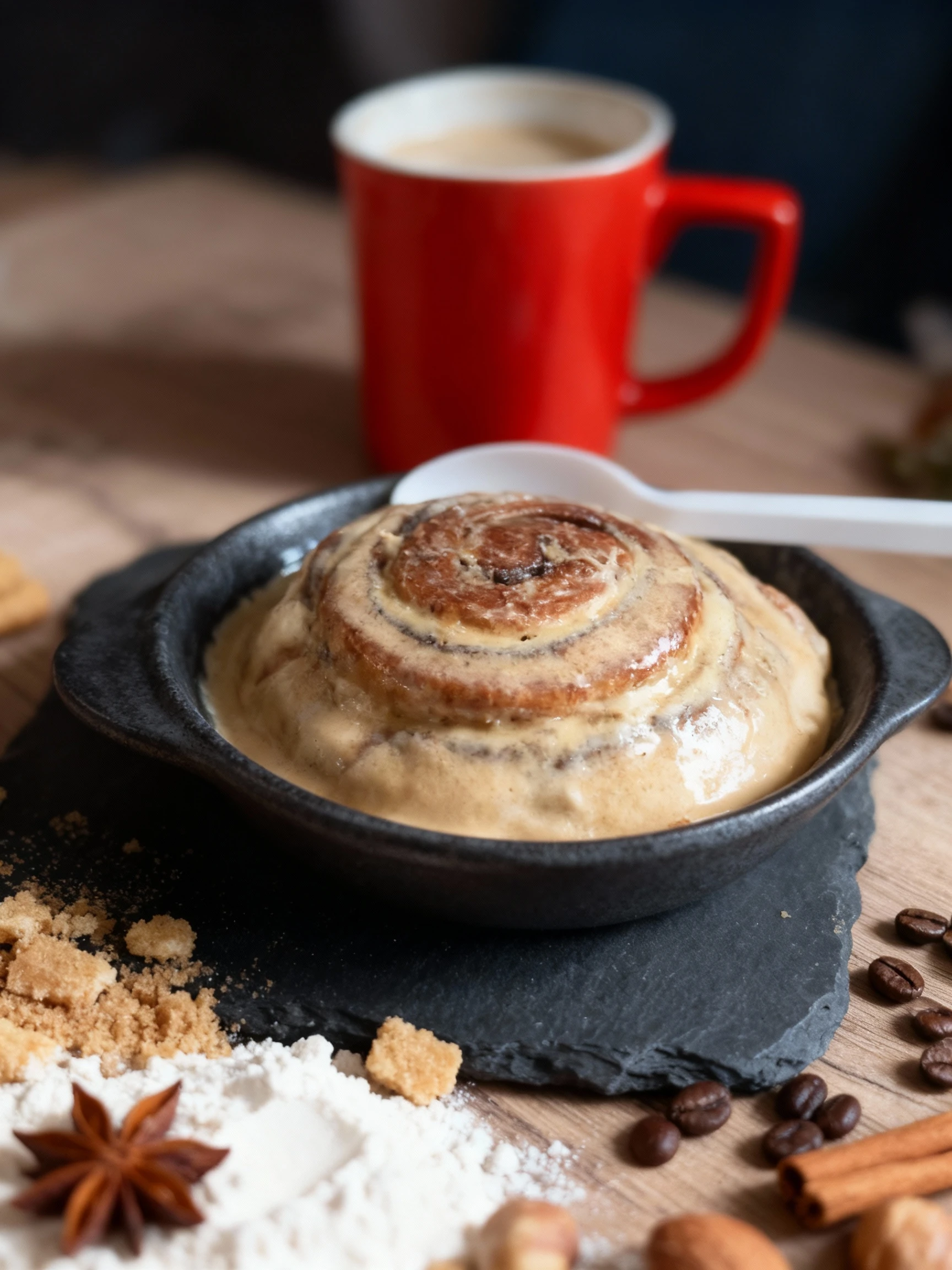 A large, swirled cinnamon roll is served in a black plastic container and heavily drenched in a thick, tan-colored cream cheese or caramel frosting, accompanied