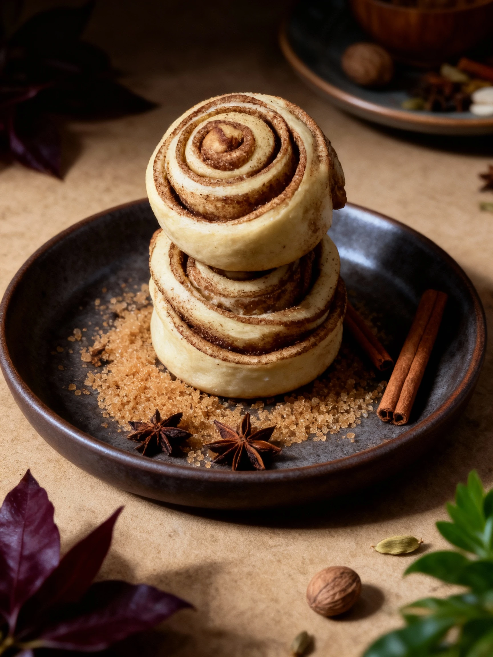 A close-up view of freshly baked, unglazed cinnamon rolls featuring layers of dough generously swirled with a visible cinnamon-sugar filling. Multiple rolls are