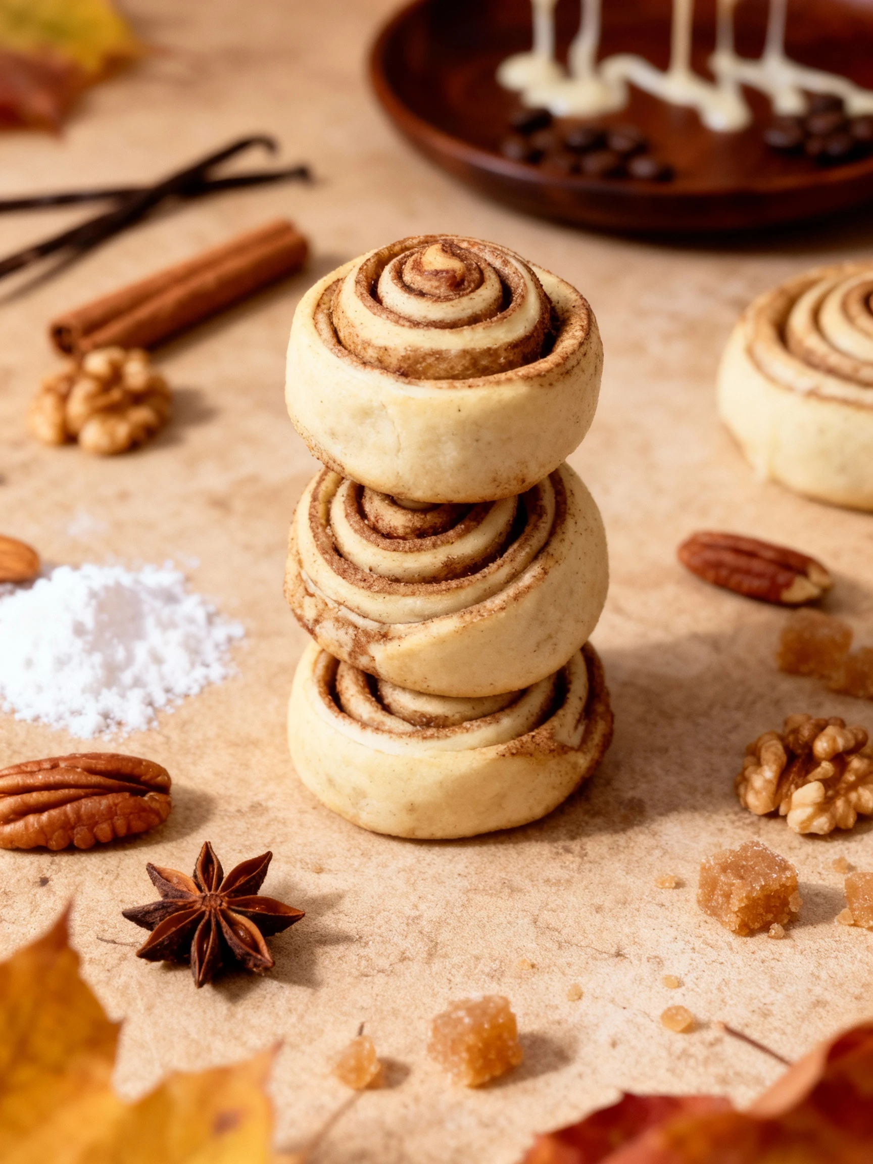 A close-up shot of several unglazed cinnamon rolls arranged on a metal baking sheet, featuring tightly coiled pastry dough generously dusted with a brown cinnam