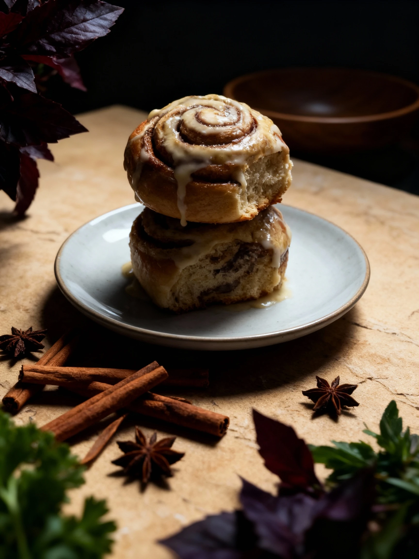 A large spiced bun, likely a cinnamon roll, is completely smothered in a thick, melted cream cheese glaze.