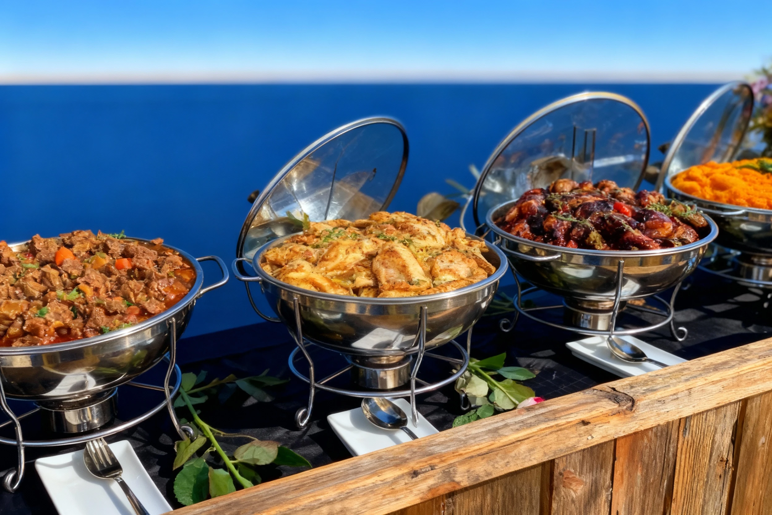 An image of an outdoor catering buffet line featuring multiple hot dishes in large silver chafing dishes, including a rich brown meat and vegetable stew, season