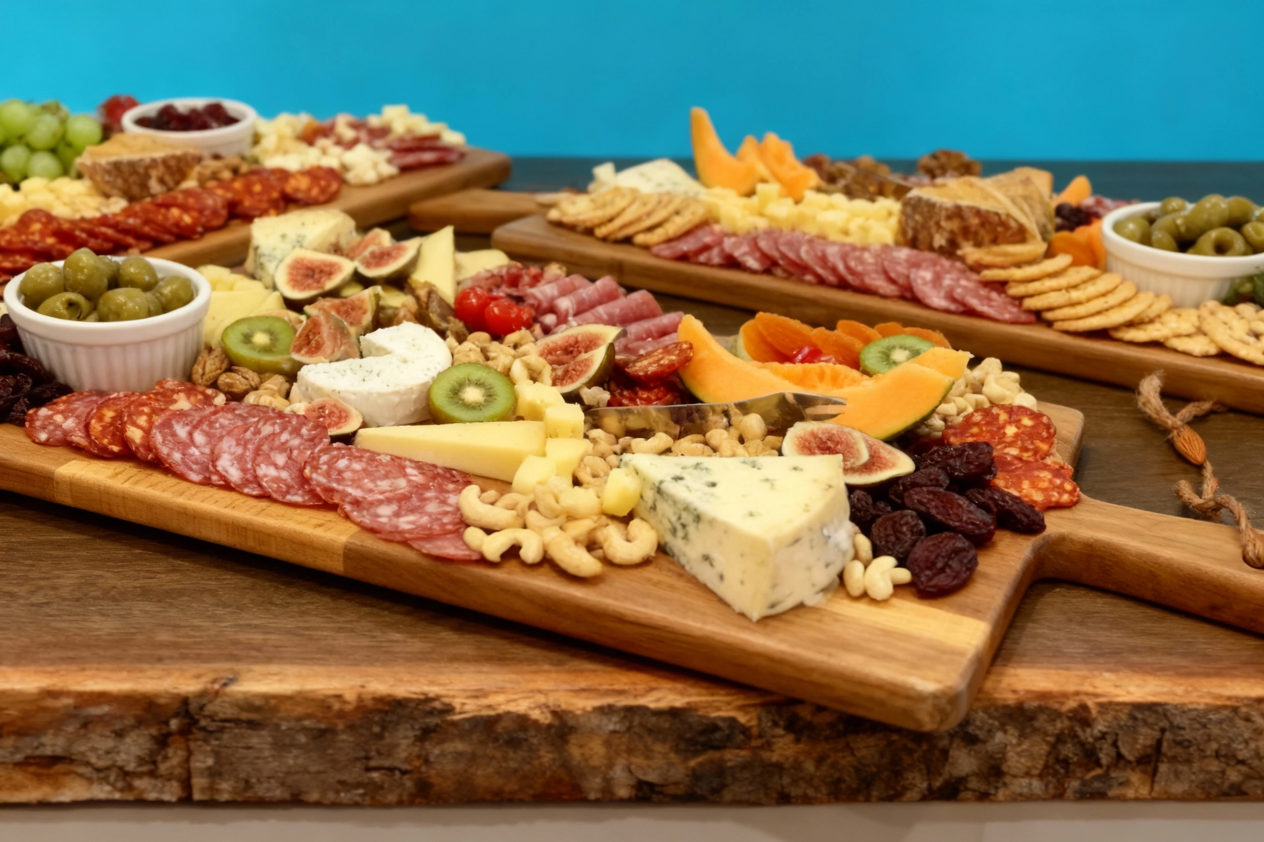 An extensive charcuterie and cheese display featuring multiple wooden grazing boards densely packed with assorted components. Ingredients include cured meats (s