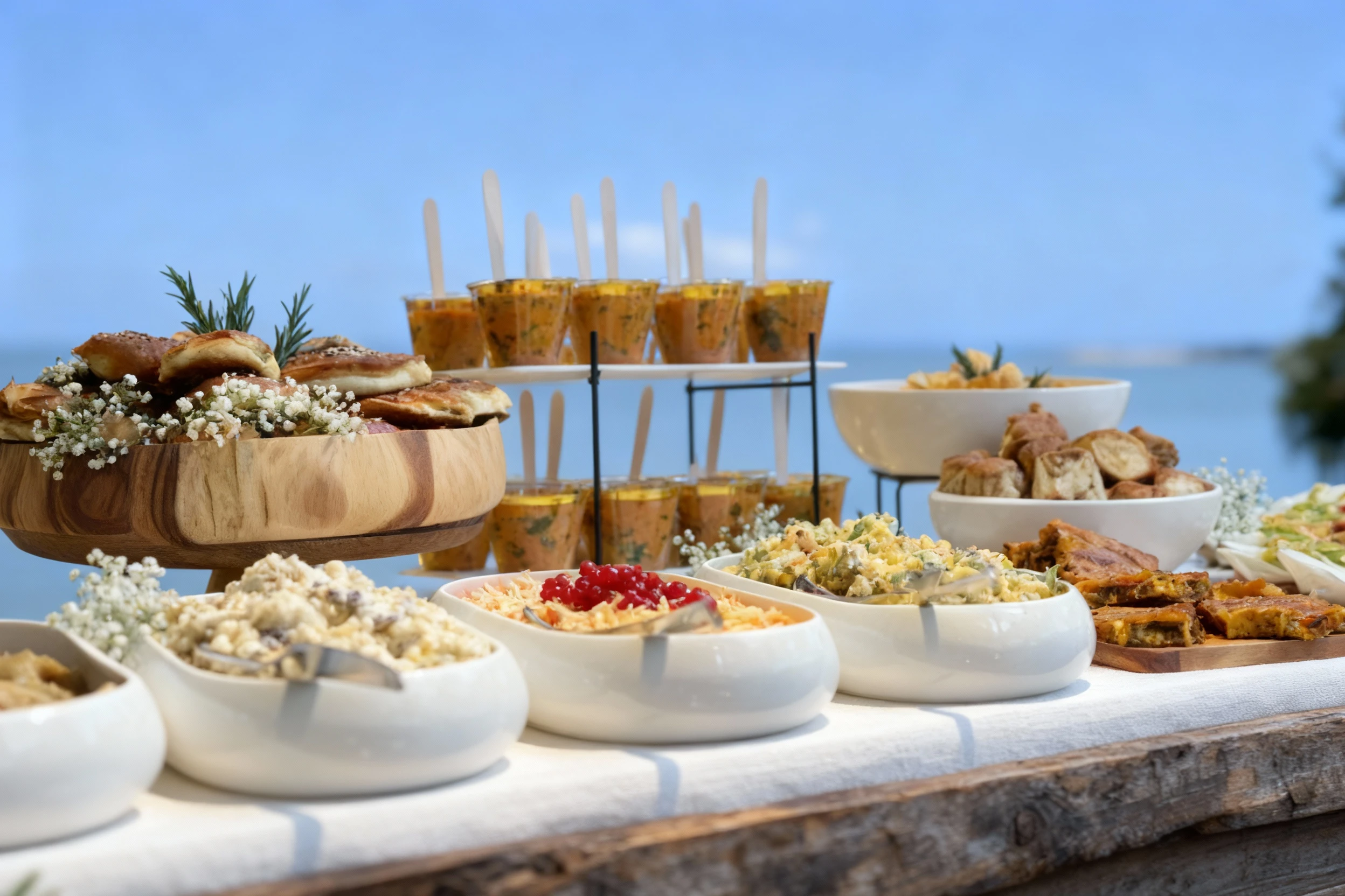 A large catered buffet spread featuring various appetizers and salads, including savory pastries garnished with rosemary on a tiered wooden stand, individual se
