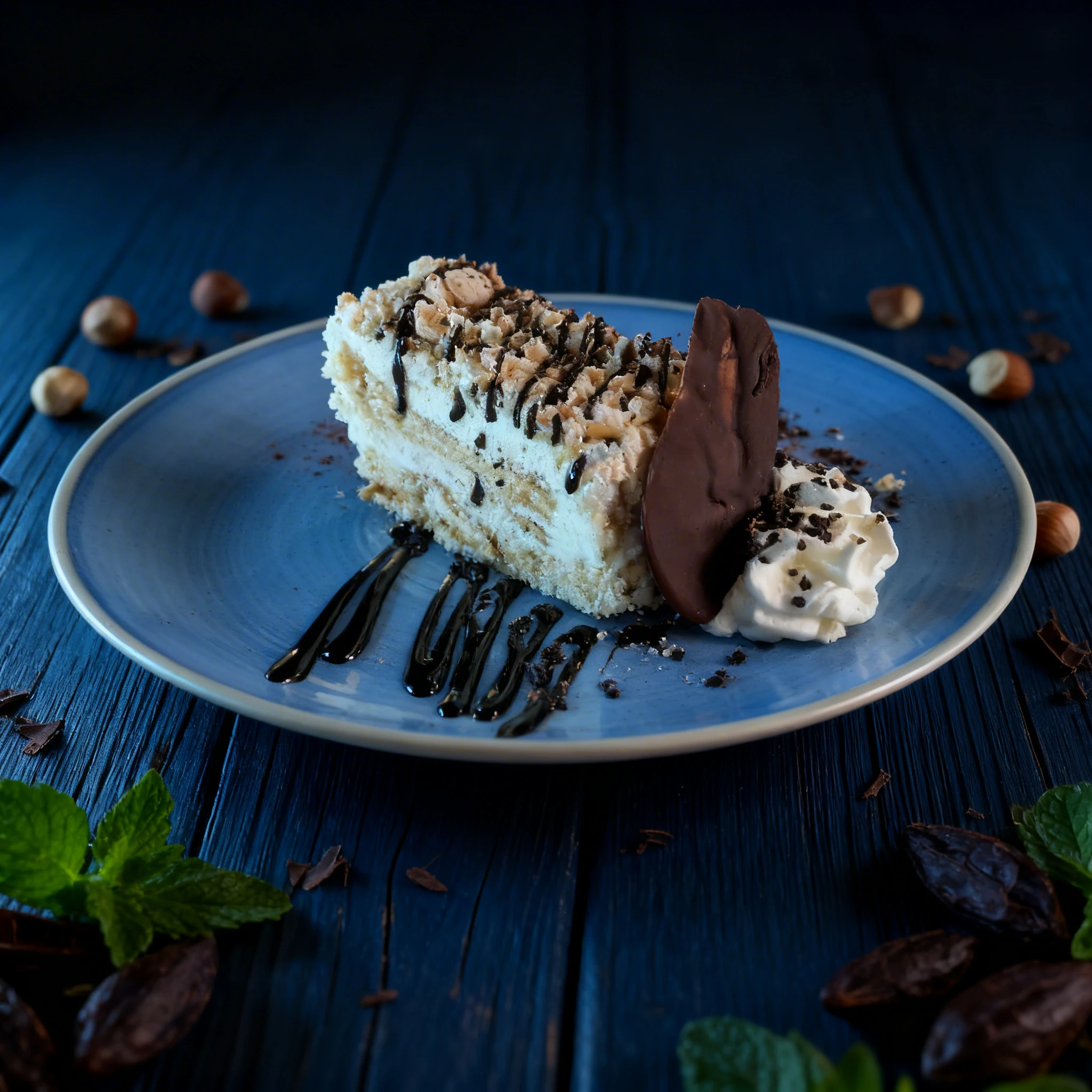 A slice of layer cake topped with crushed nuts and chocolate drizzle, served with whipped cream and a chocolate garnish on a blue plate.