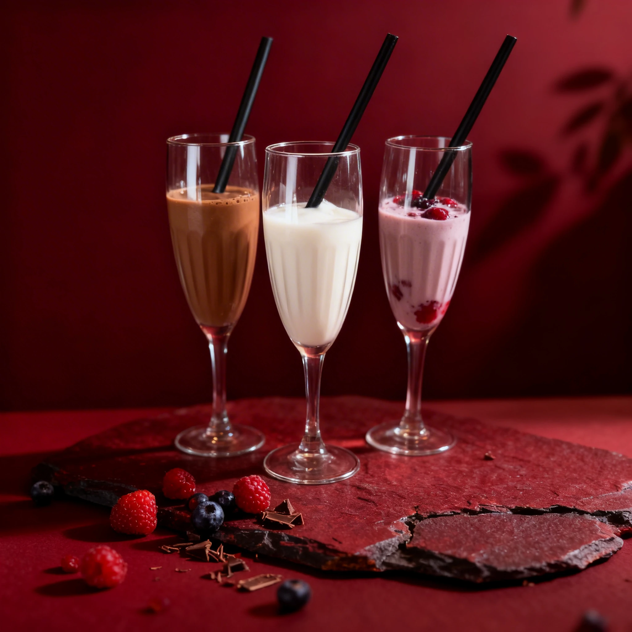 Three assorted chilled beverages including a chocolate, vanilla, and berry-flavored drink served in fluted glasses with black straws.