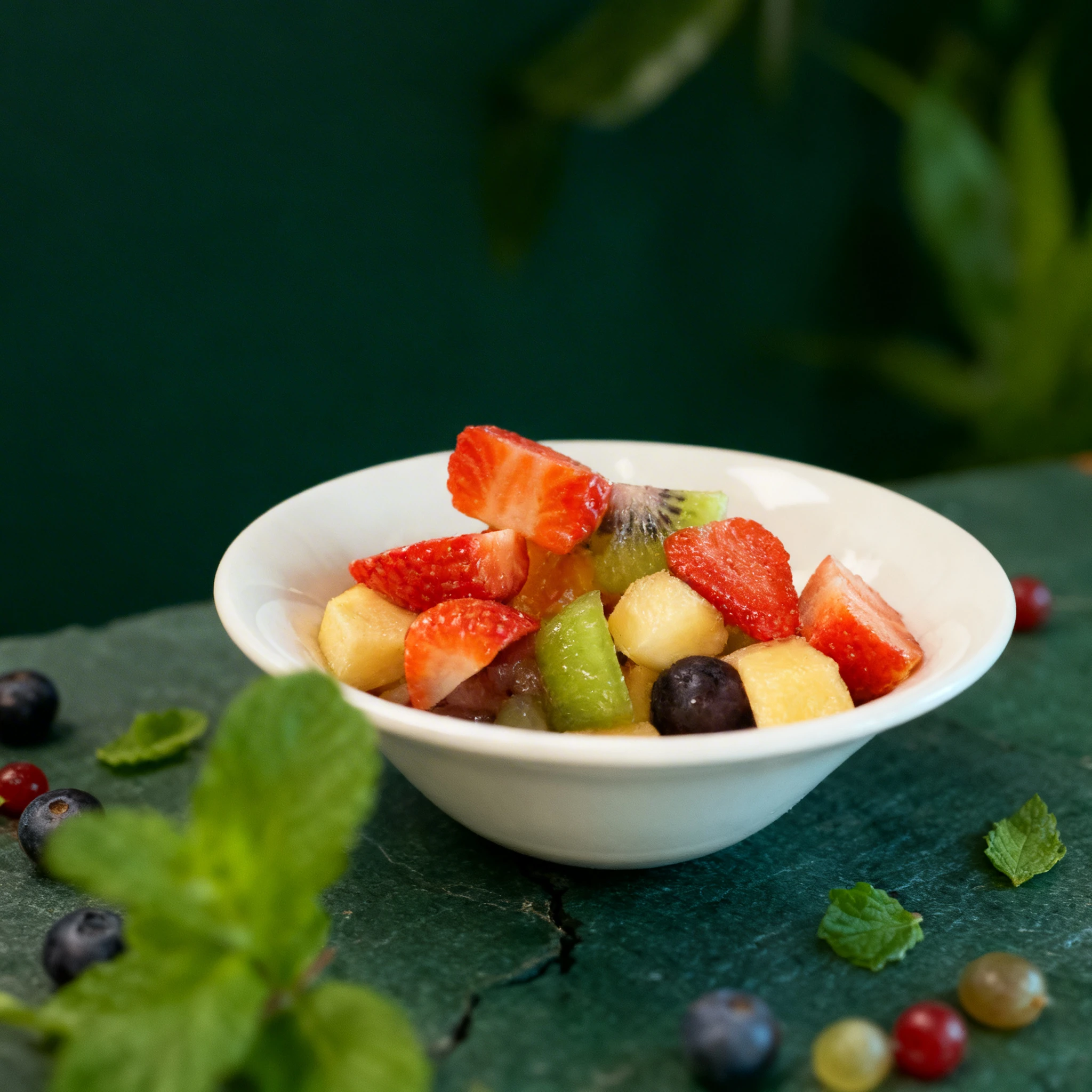 A fresh fruit salad containing sliced strawberries, kiwi, melon chunks, and grapes served in a white bowl on a red paper doily.