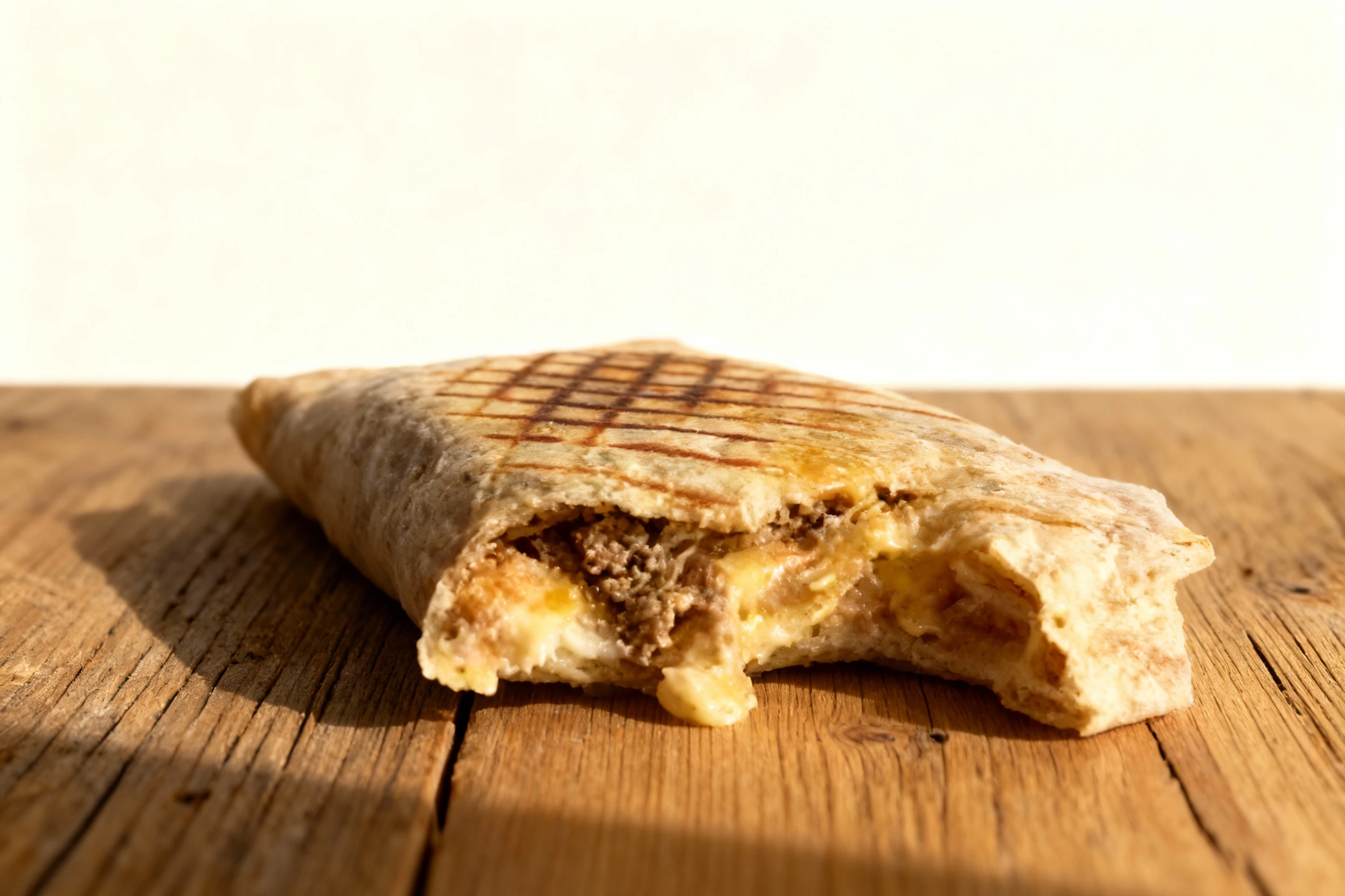 A French tacos featuring a toasted tortilla with distinct grill marks, filled with ground meat and melted cheese sauce.