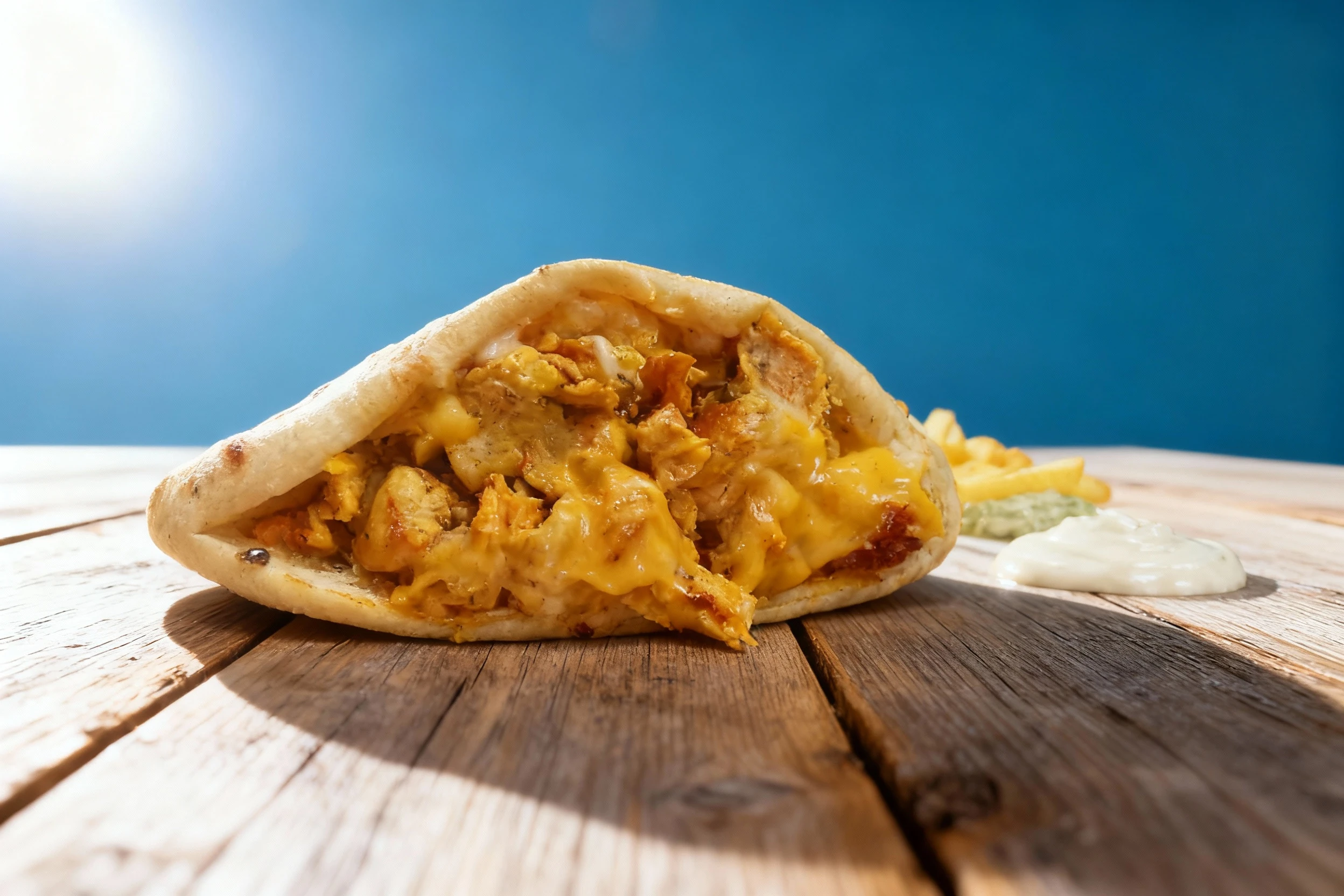 A chicken pita sandwich filled with seasoned meat and melted cheese, served on a tray with a side of French fries and two types of creamy dipping sauces.