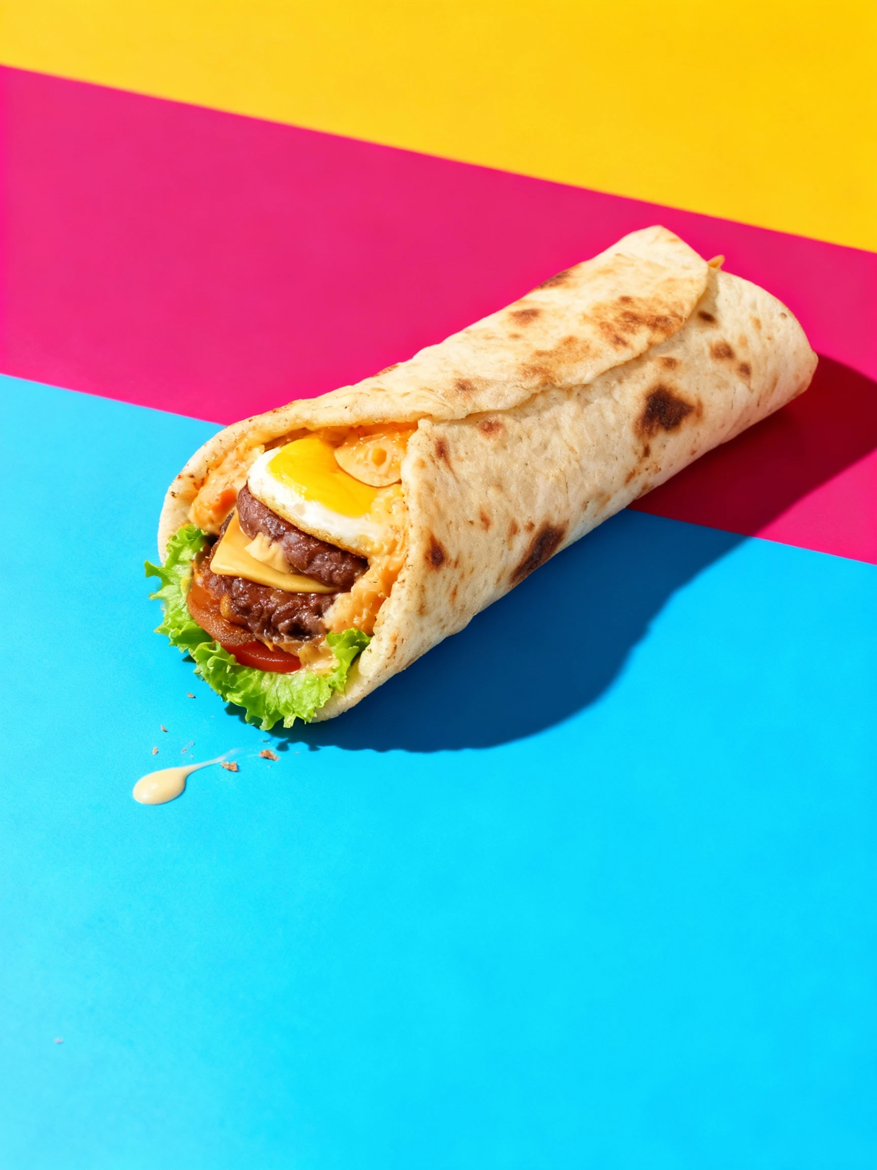 A naan bread wrap filled with beef patties, a fried egg, melted cheese, lettuce, and creamy sauce.