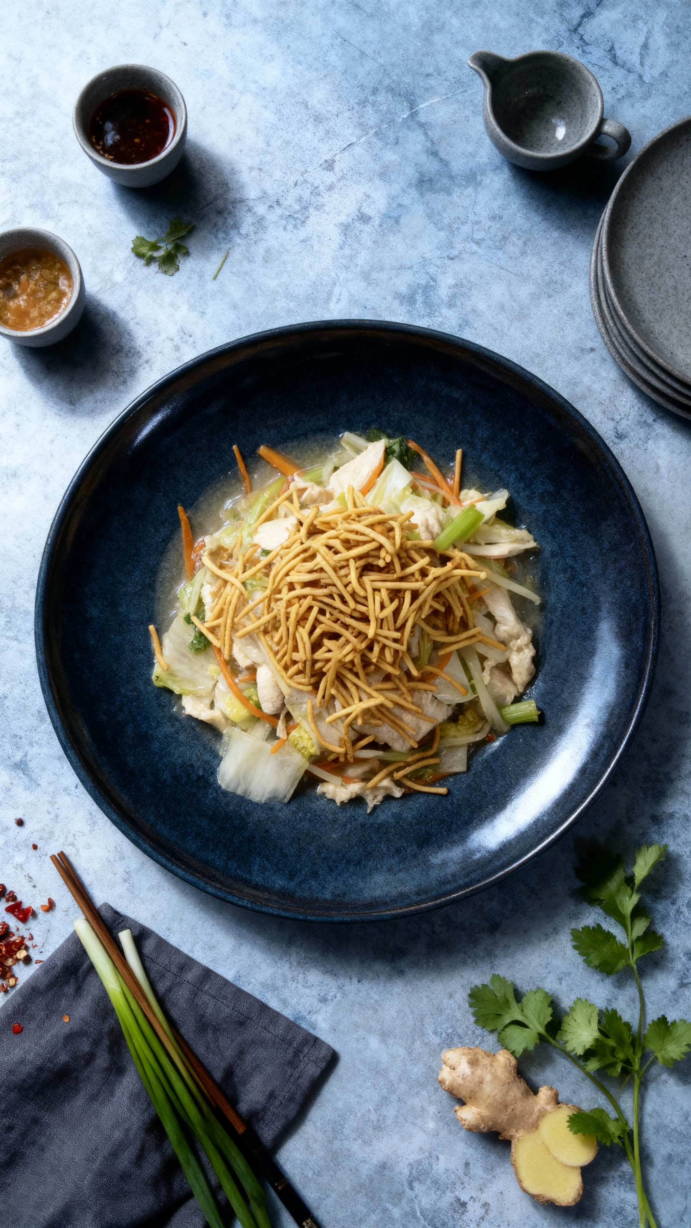 Chinese stir-fry dish featuring sliced white meat chicken and mixed vegetables, including cabbage, celery, and carrots, in a light sauce, topped with a generous