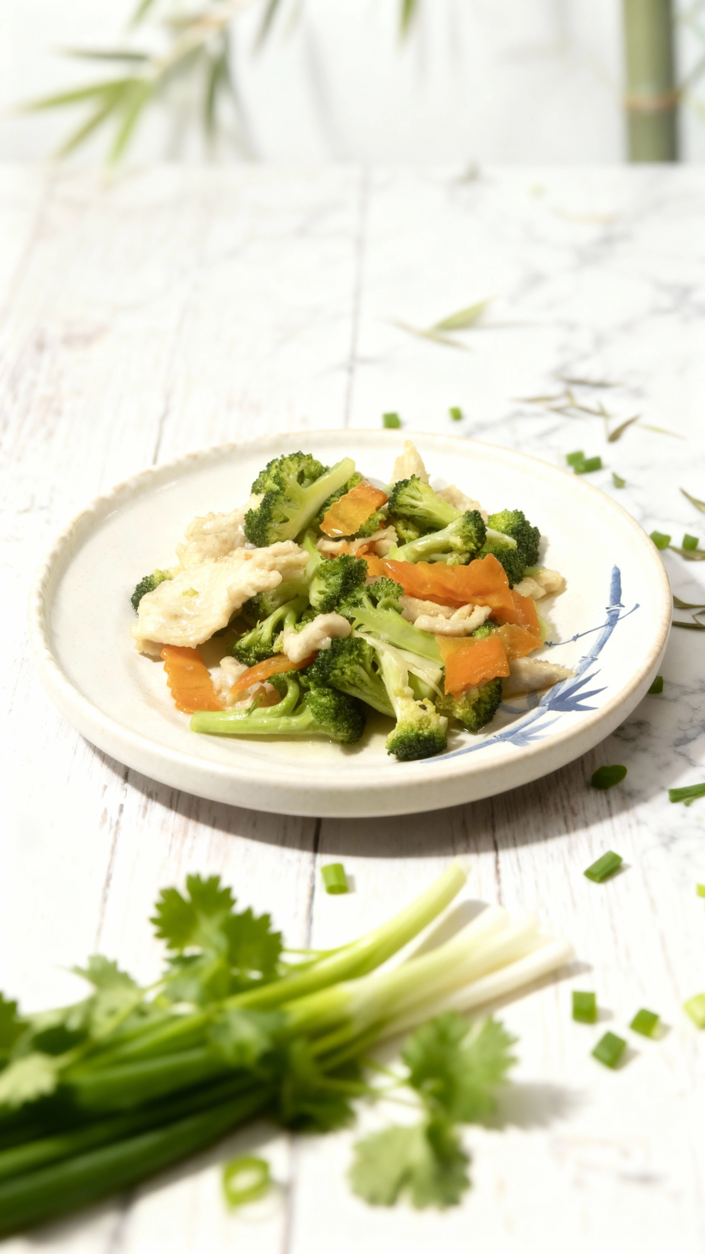 A Chinese-style stir-fry featuring white meat, large broccoli florets, and ruffled-cut carrots coated in a light, clear sauce, served on a round plate with a bl