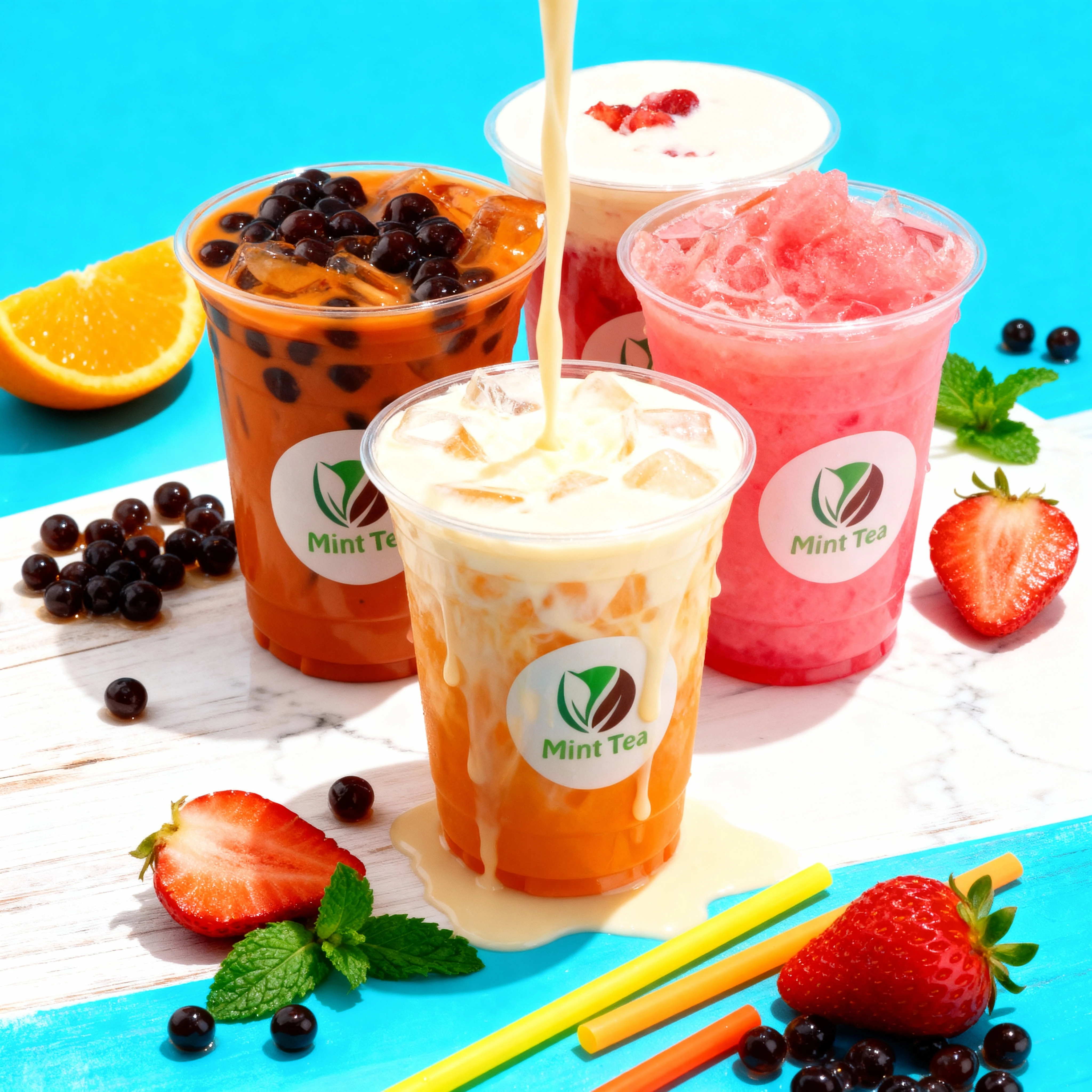 Three chilled beverages in clear plastic cups, including a Thai milk tea with boba pearls, a bright orange fruit slush or iced drink topped with an orange slice