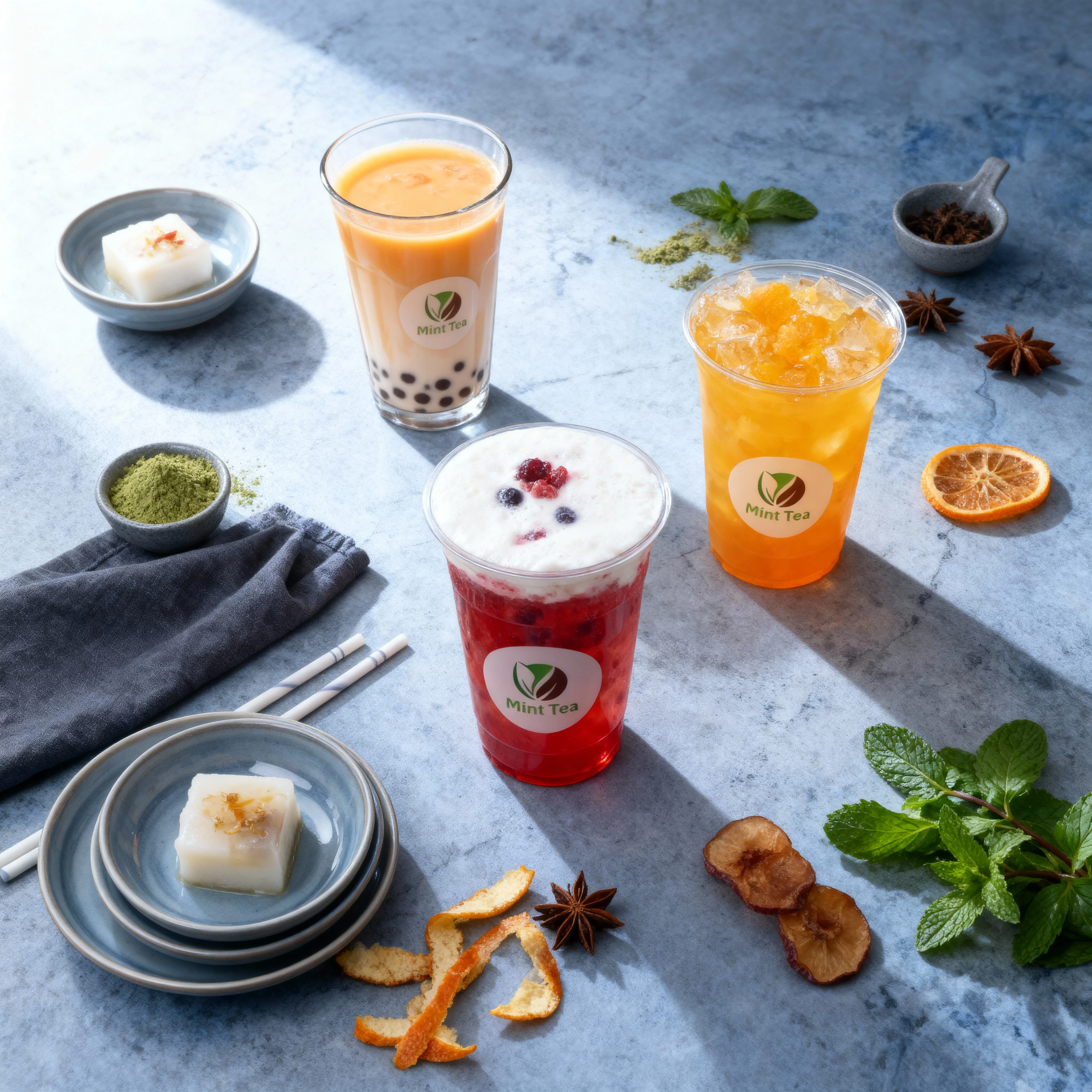 A trio of cold beverages in clear plastic cups, including an orange boba milk tea with dark tapioca pearls, a red fruit drink topped with white cream and diced