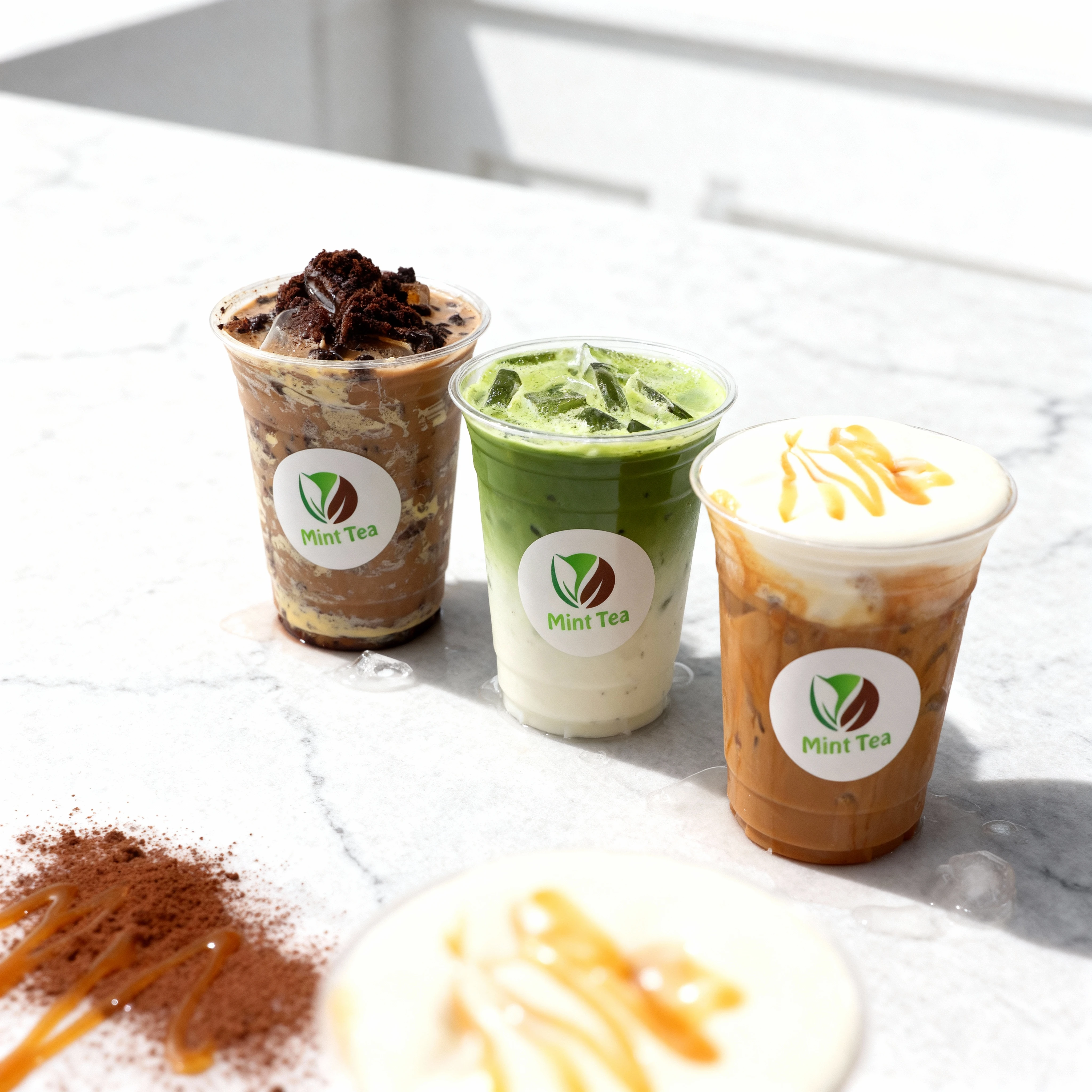A trio of iced specialty beverages in clear plastic cups, featuring an iced chocolate drink topped with chocolate crumbs, a layered iced matcha latte, and an ic