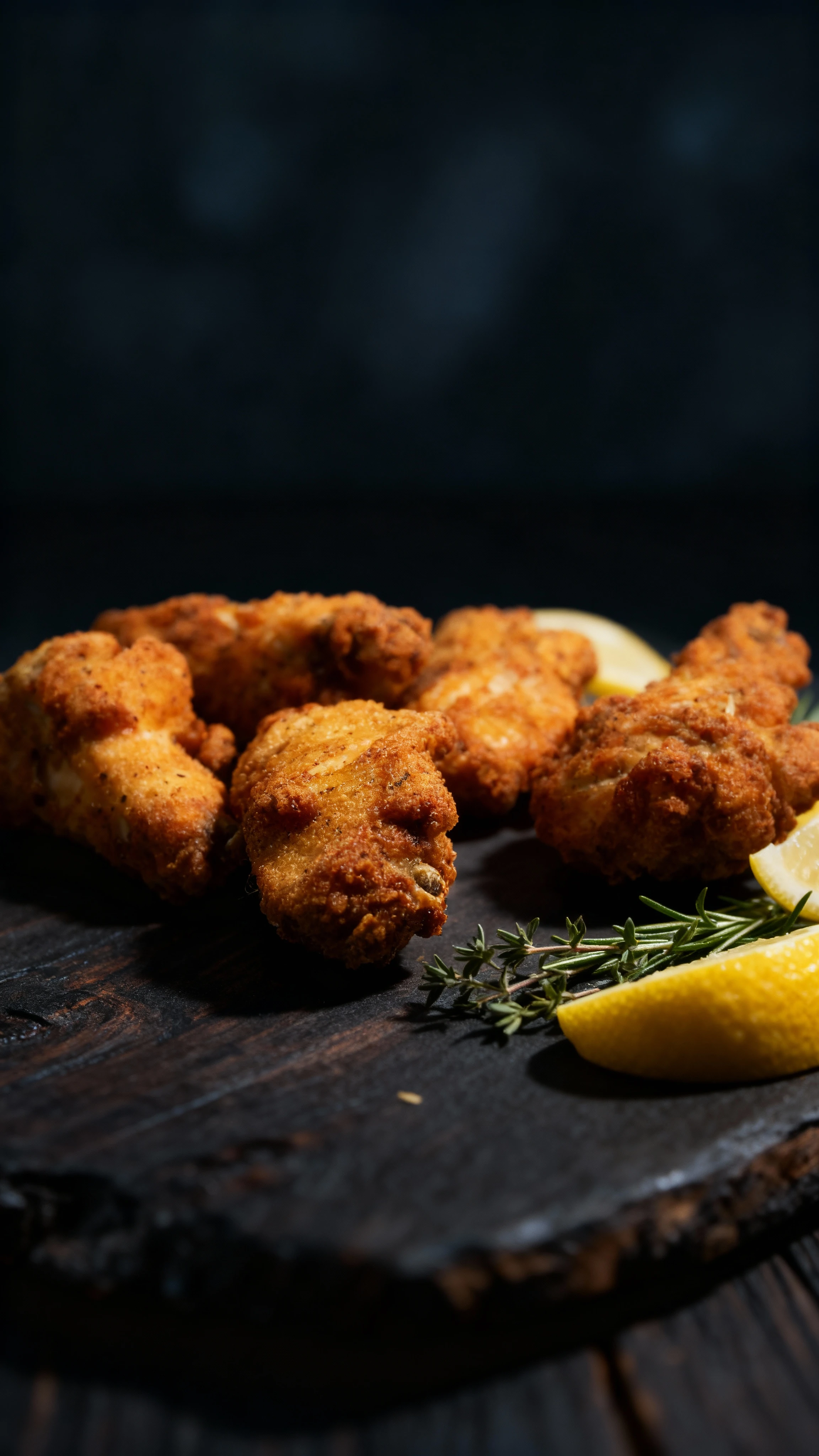 Five pieces of deep-fried bone-in chicken, likely wings or drumettes, featuring a heavily seasoned, textured golden-brown breading, plated on a decorative white