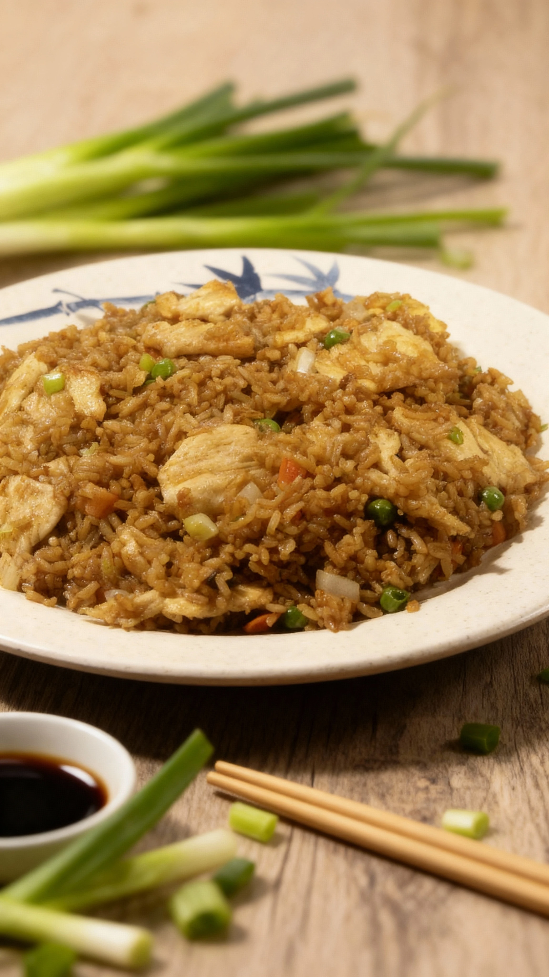 This is a generous portion of Chinese-style chicken fried rice featuring pieces of white meat chicken, scrambled egg, peas, and diced vegetables mixed throughou