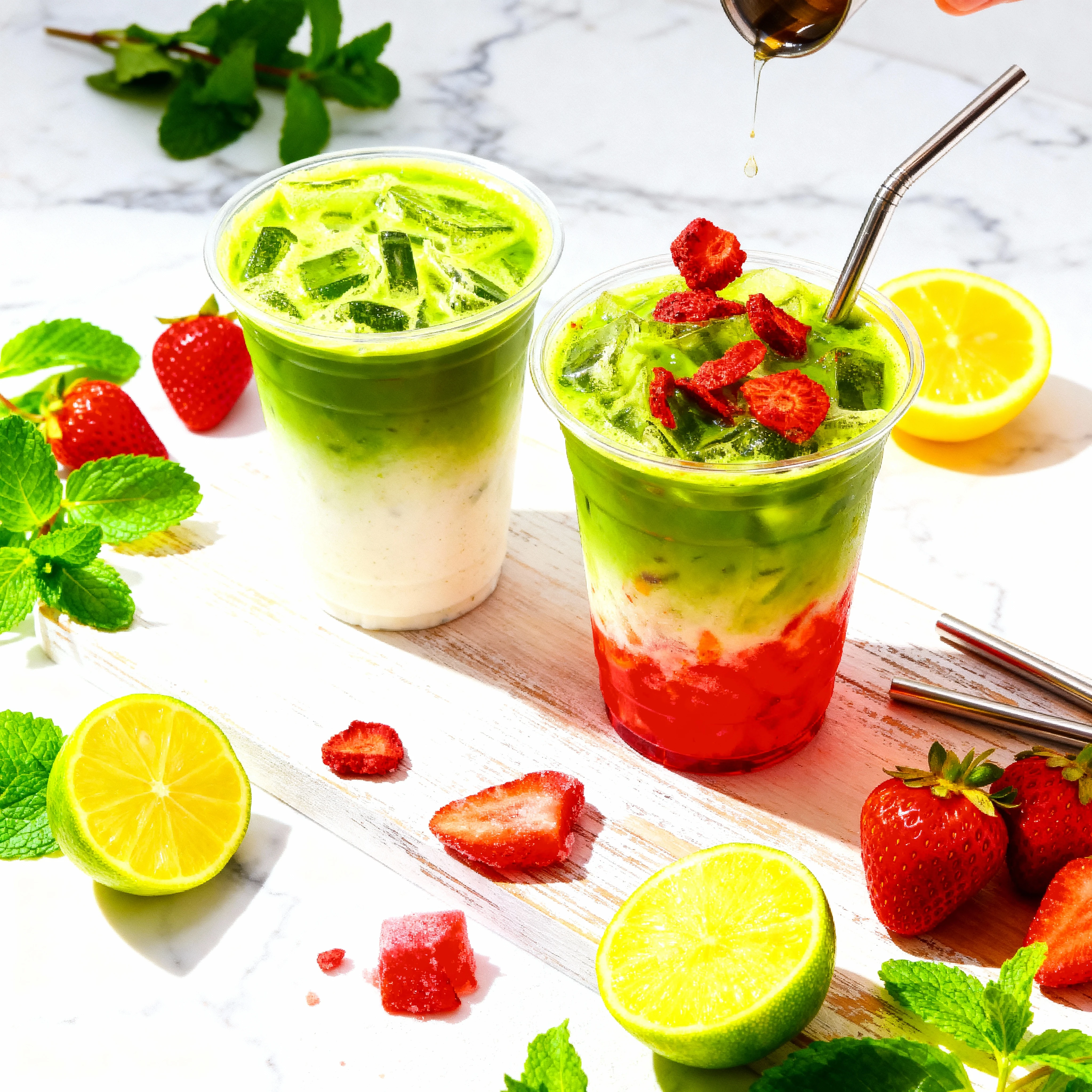 Two layered iced beverages in clear plastic cups, labeled "Mint Tea." Both feature a green tea layer over a creamy white base with ice cubes, and the drink on t