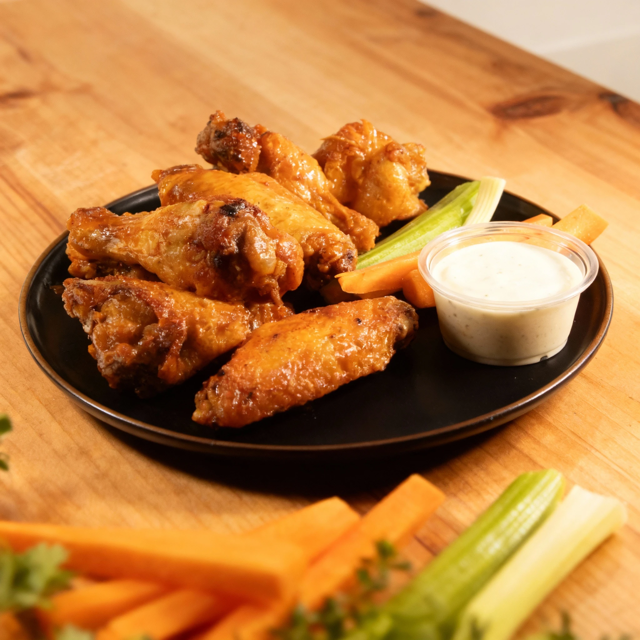 A serving of glazed chicken wings and drumettes arranged on a black plate, accompanied by thick-cut carrot sticks, a celery stick, and a portion cup of creamy d