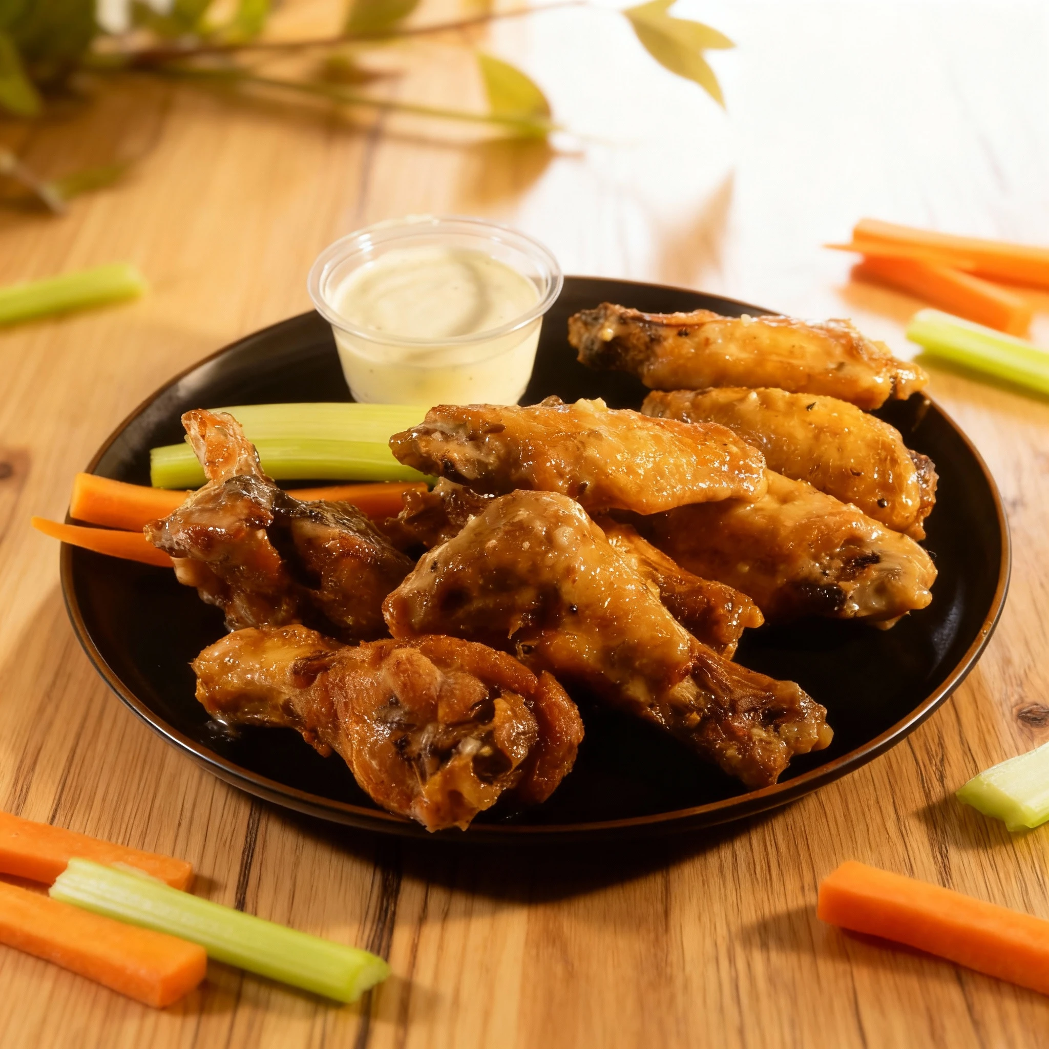 A serving of glazed chicken wings (drumettes and flats) arranged on a dark plate, accompanied by carrot and celery sticks and a portion of creamy dipping sauce.