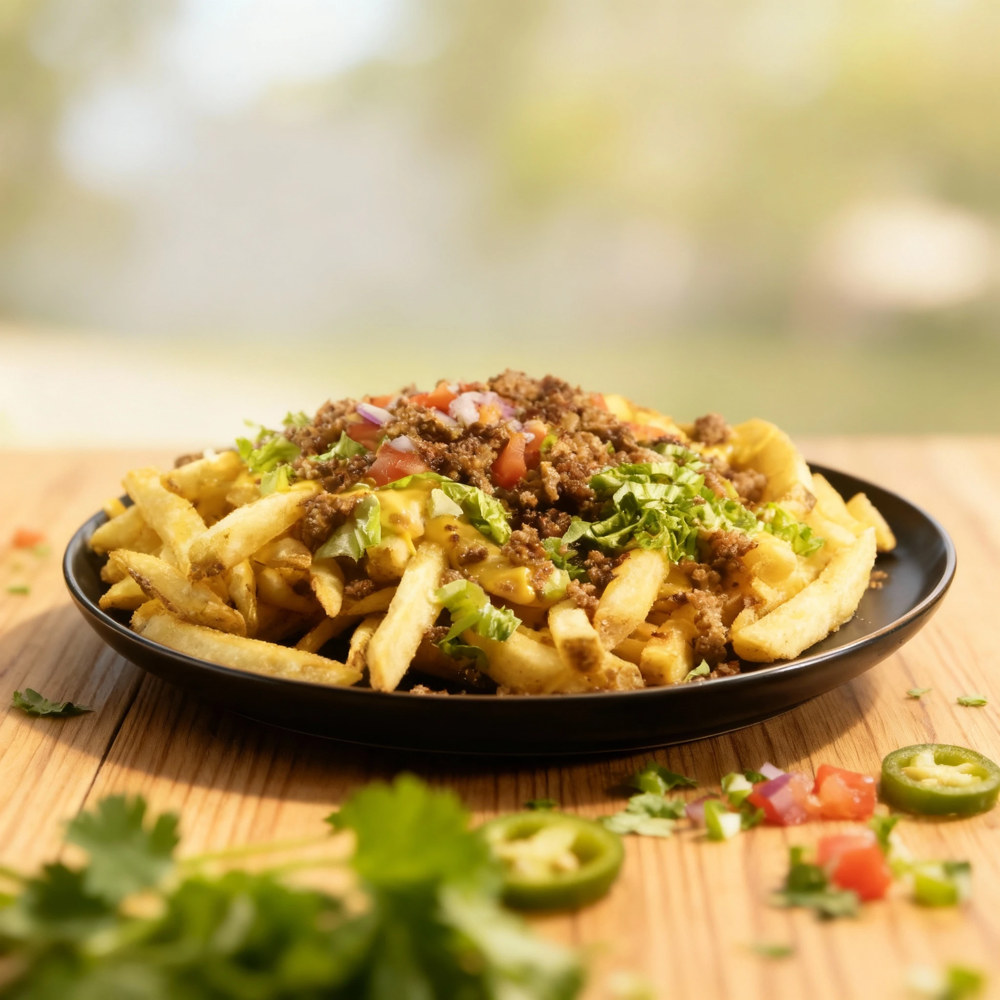 Thick-cut french fries are loaded with a melted cheese sauce and seasoned ground beef, topped with fresh shredded lettuce, diced tomatoes, and diced red onions.