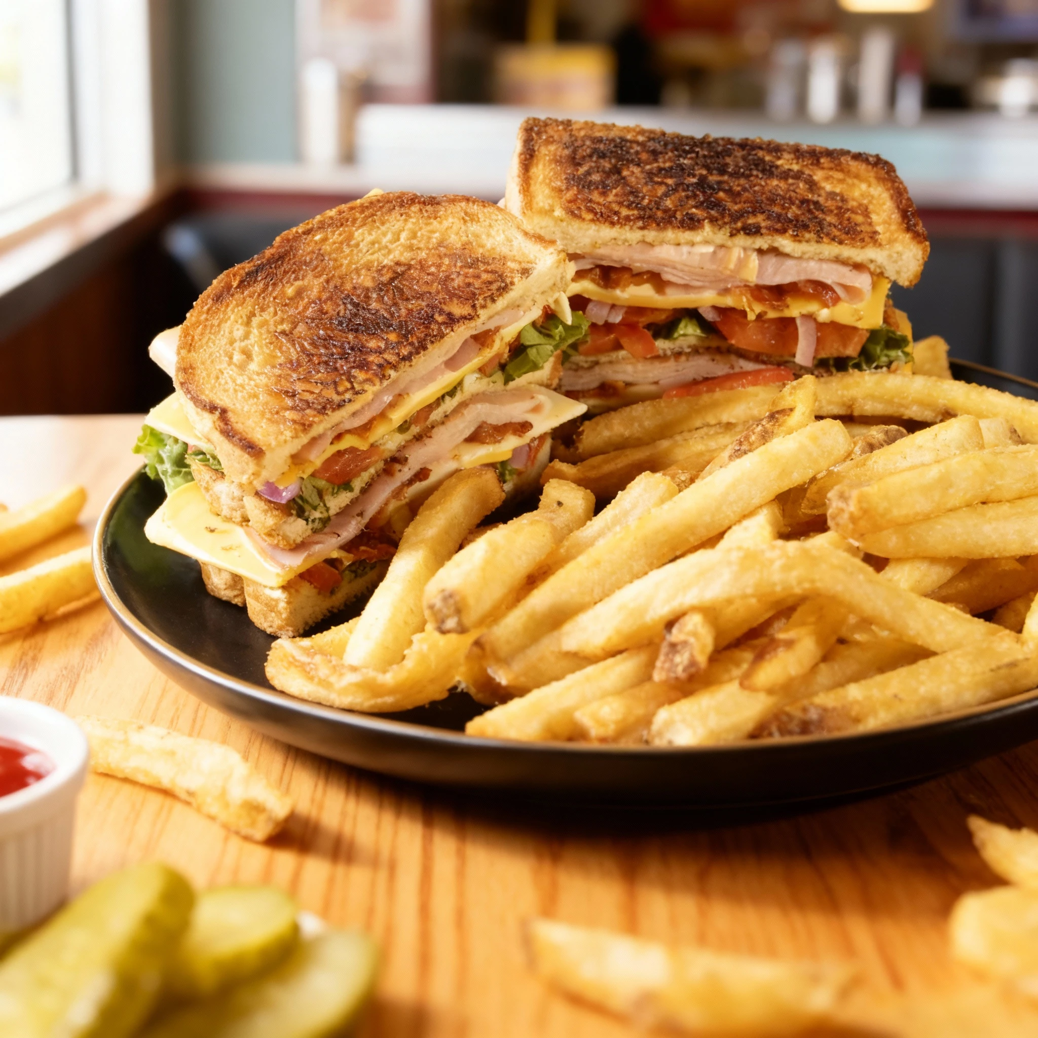 A generously layered club sandwich served on toasted bread, featuring stacked deli meat, cheese, crispy bacon, lettuce, tomato, and red onion, plated alongside