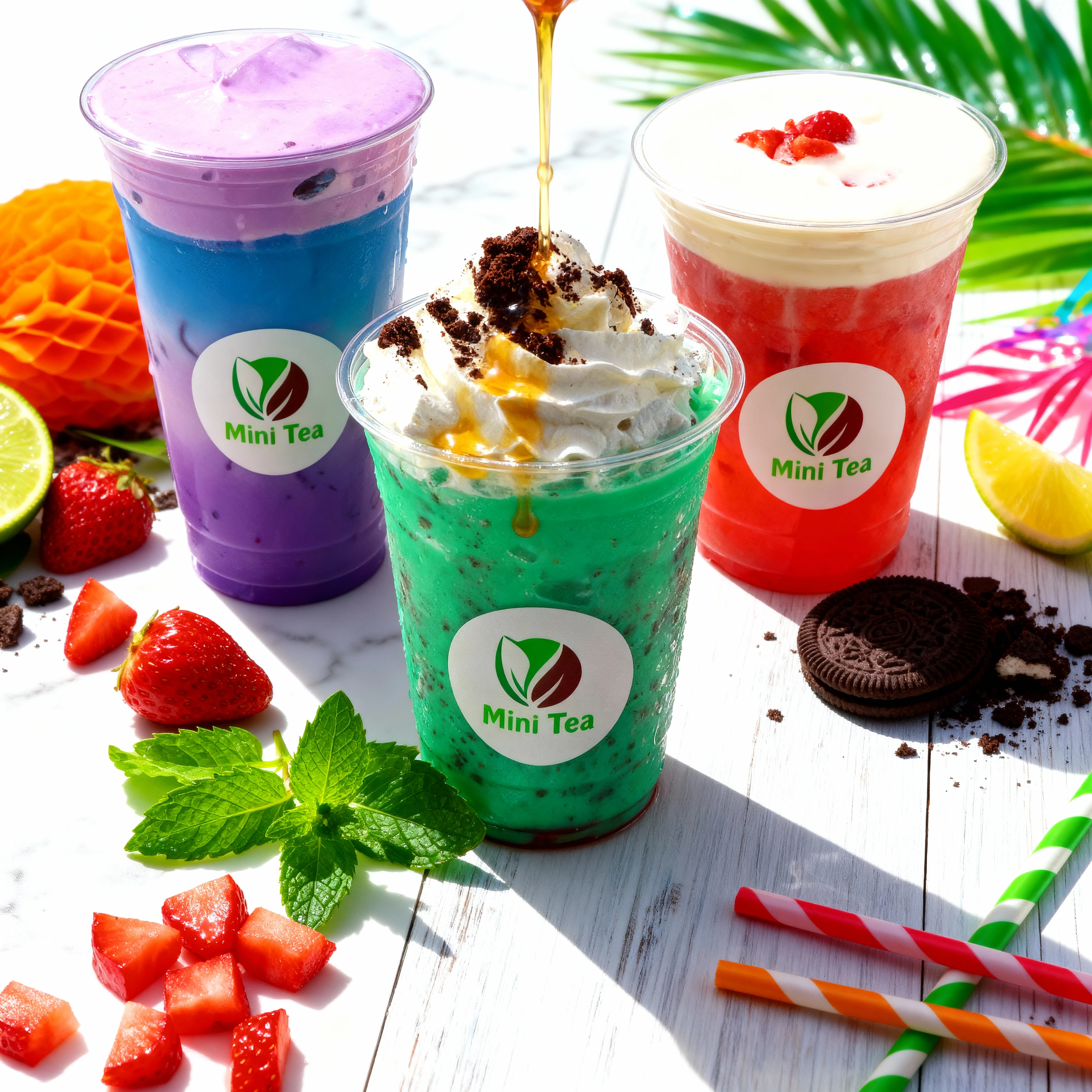 Three specialty cold drinks presented in clear plastic cups, including a layered purple drink with foam, a green blended drink topped with whipped cream and coo