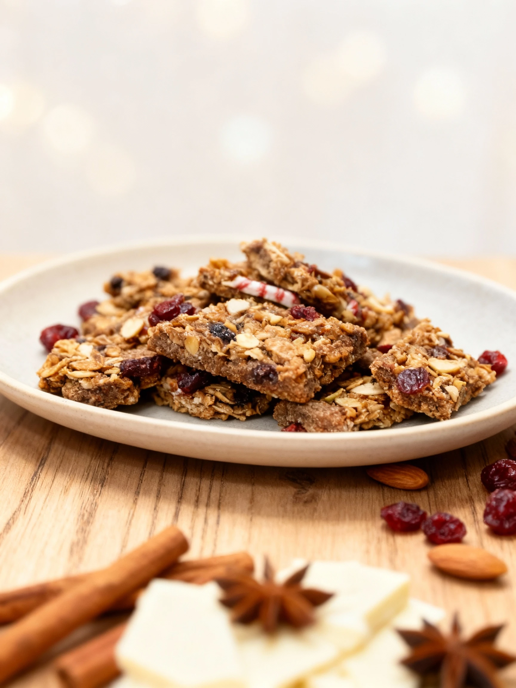 Three Christmas-themed plastic bags containing assorted festive snacks: a mix of granola with dried fruit, small spiced or sugar-coated baked pieces, and white