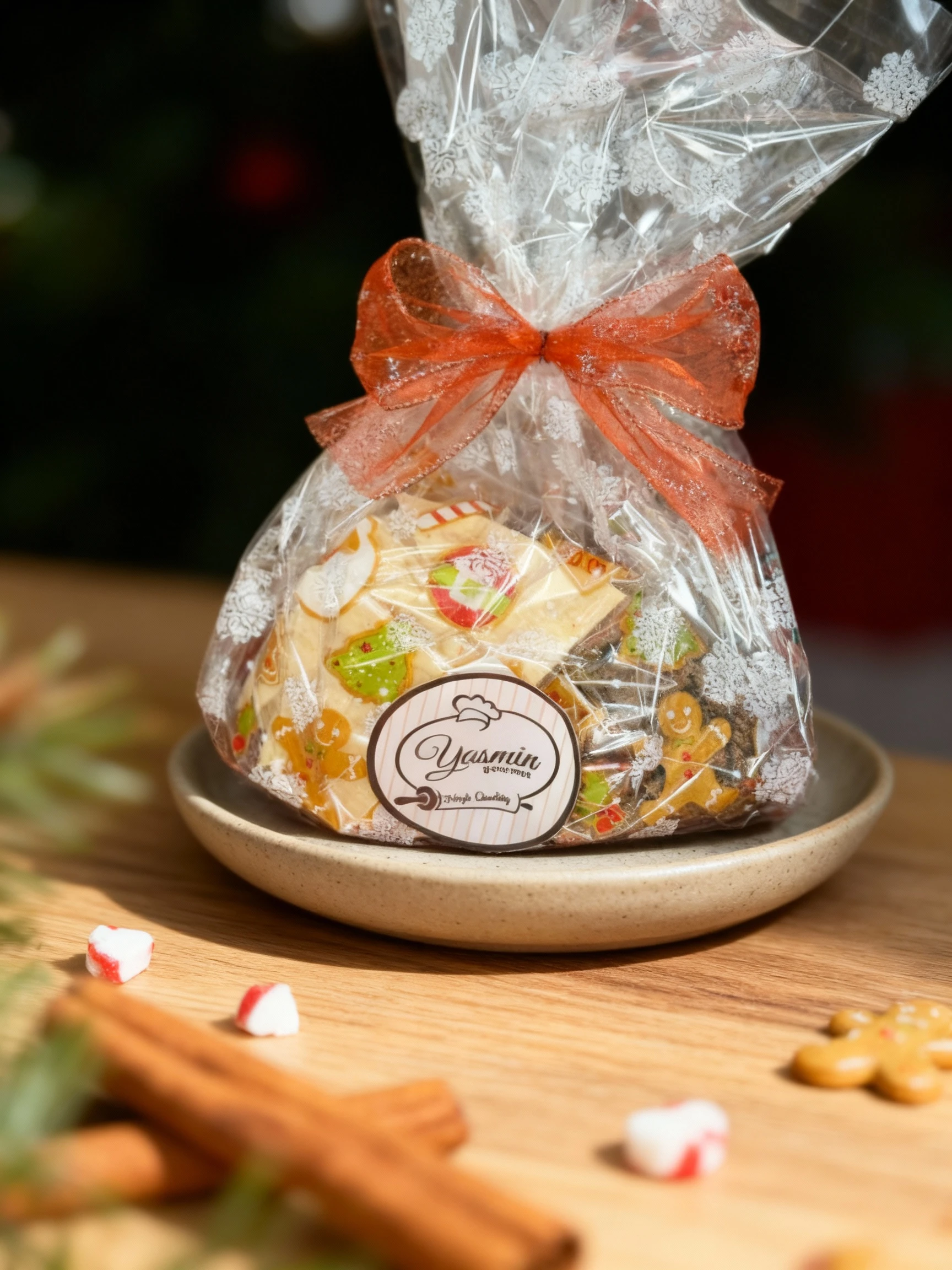 A holiday gourmet treat bag containing individually packaged seasonal sweets, such as cookies or candies, decorated with festive elements like gingerbread men a