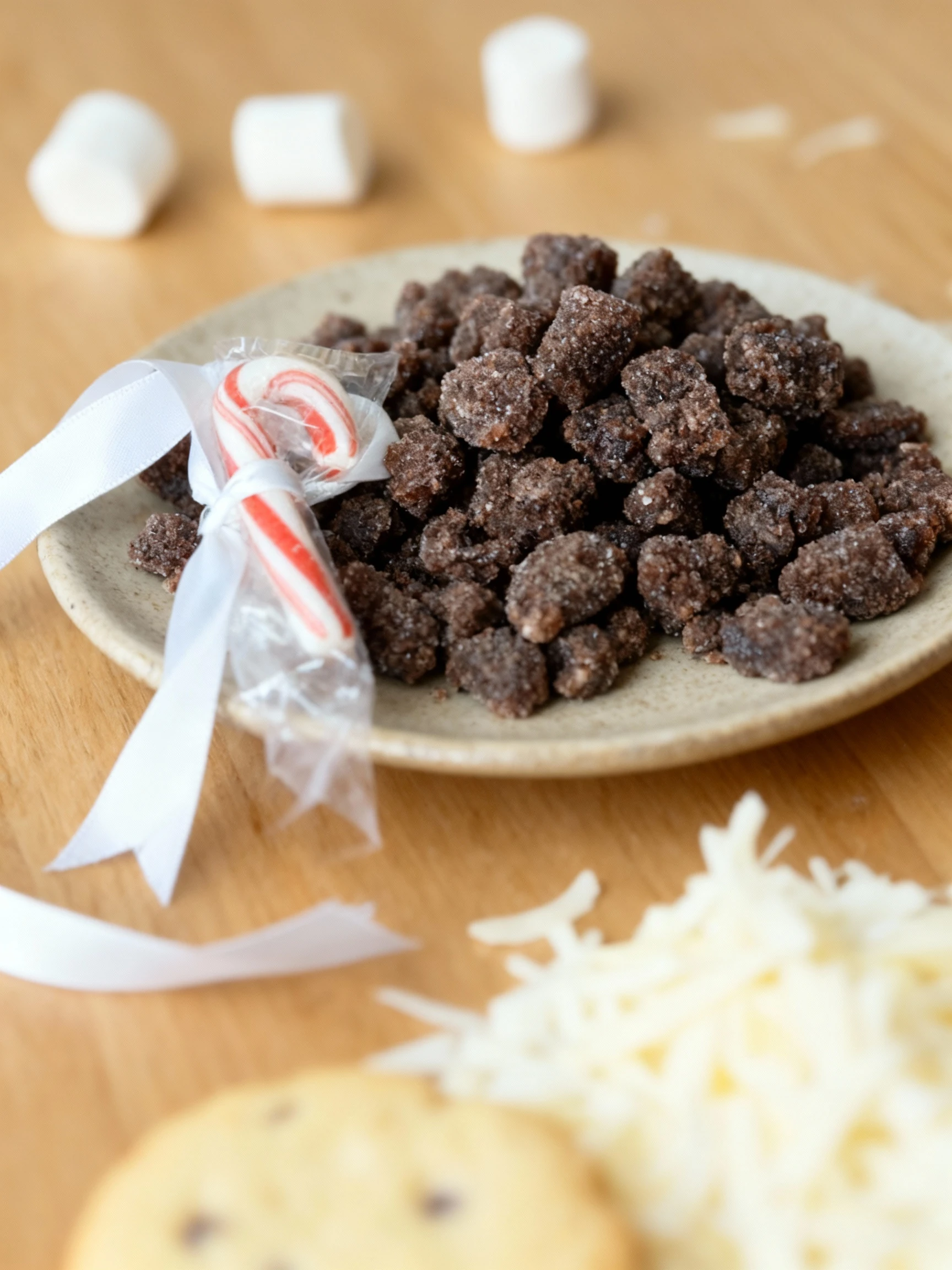 A box of homemade sweets featuring dark, granular candies sealed inside a clear plastic bag decorated with colorful Christmas shapes, accompanied by a wrapped p
