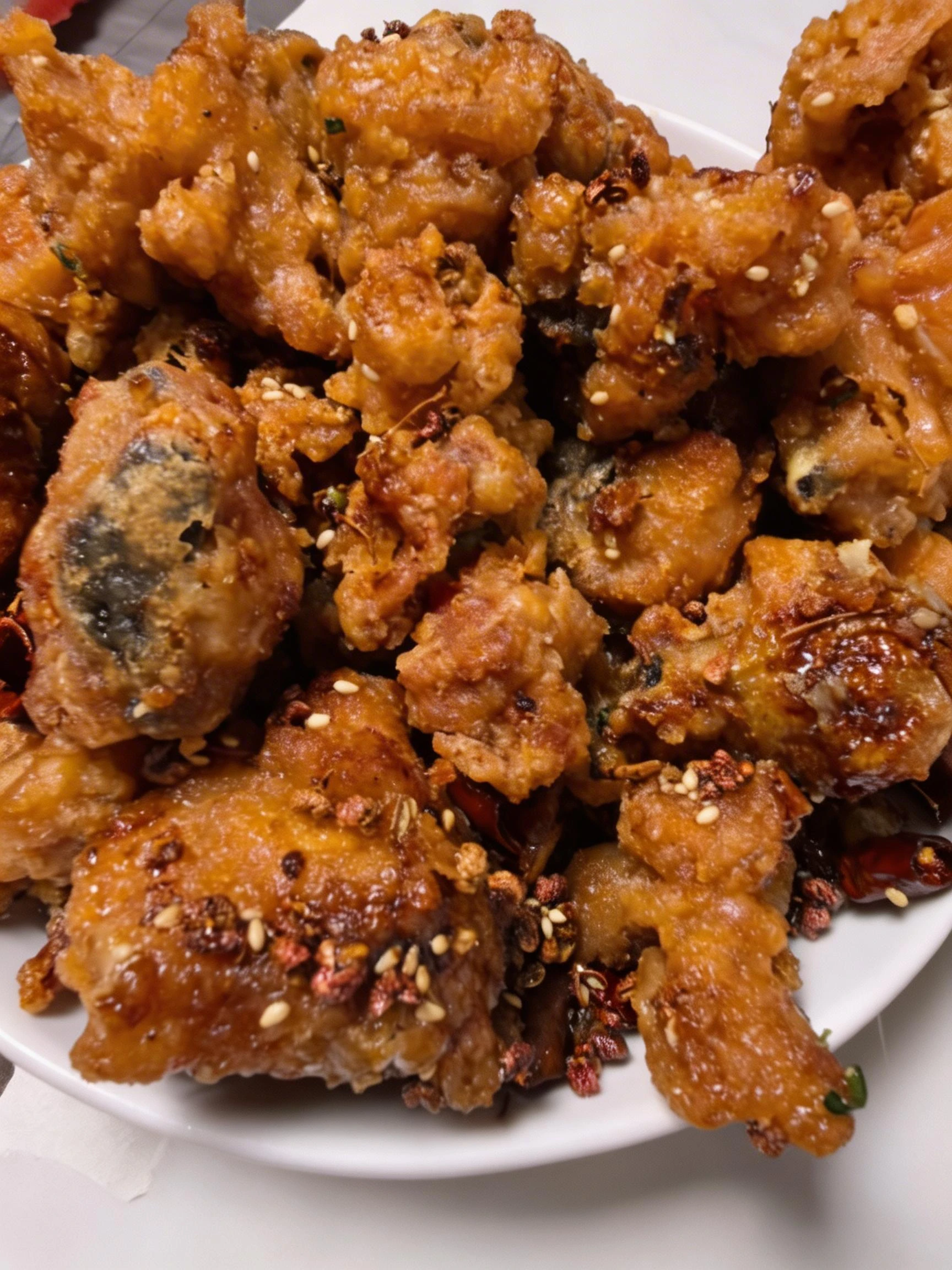 Crispy fried chicken pieces tossed with sesame seeds, Szechuan peppercorns, and dried red chilies.