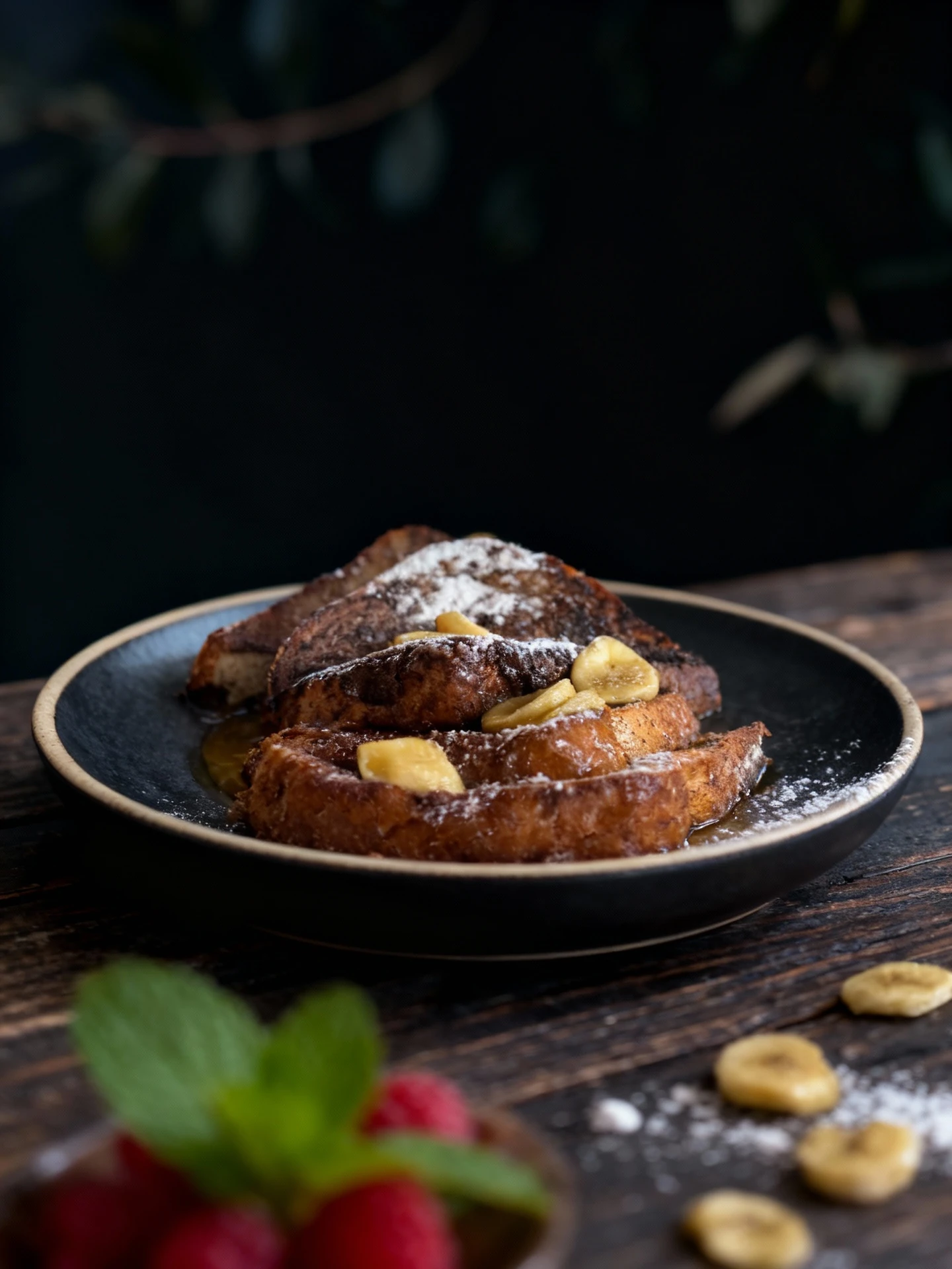 A generous stack of thick-cut French toast is plated and topped with powdered sugar, slices of banana, and a melting pat of butter, served in a pool of golden s