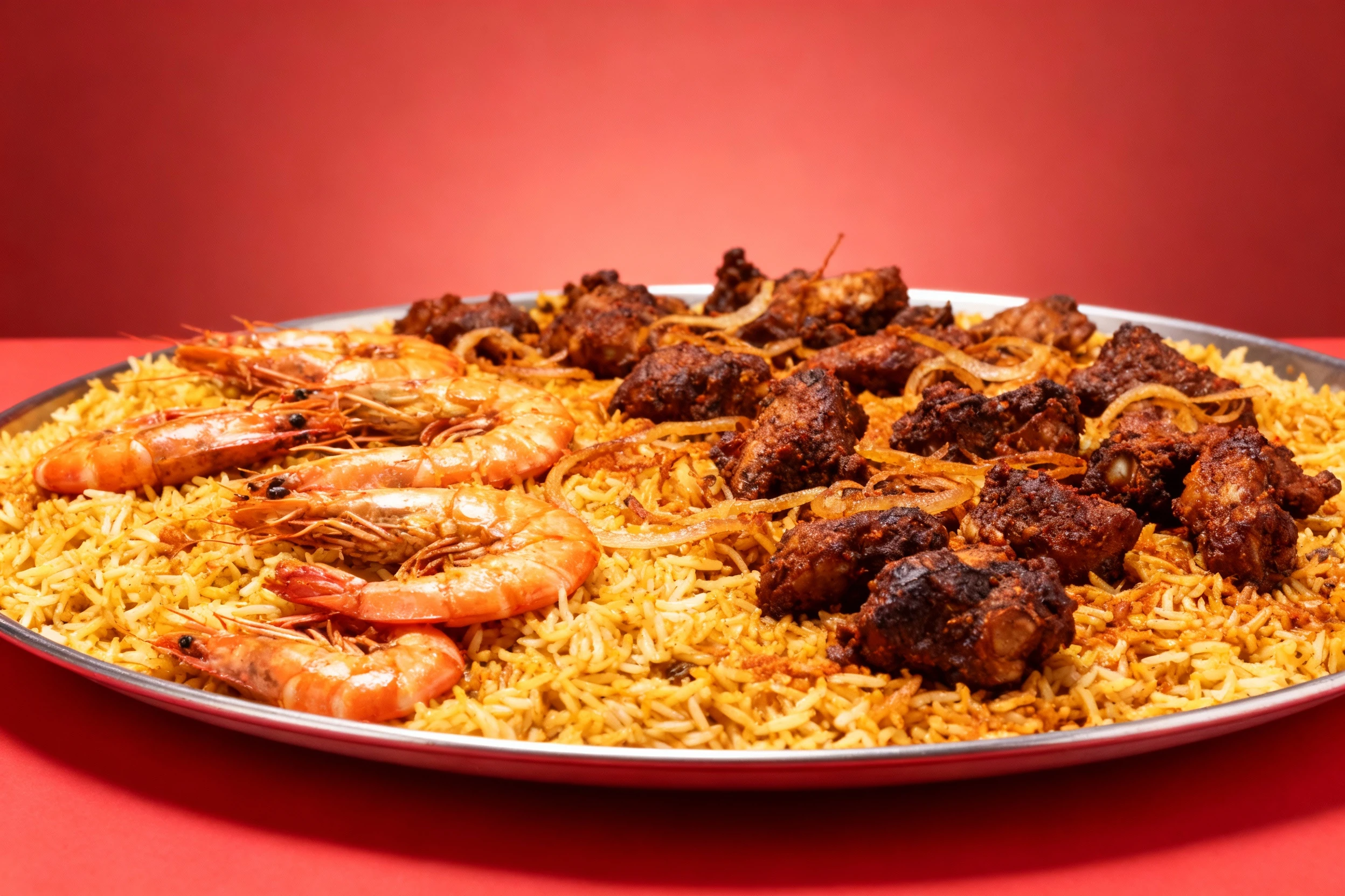A large Seafood Platter featuring a base of light and dark spiced rice (Biryani-style), topped with various cooked seafood including whole prawns and heavily sp