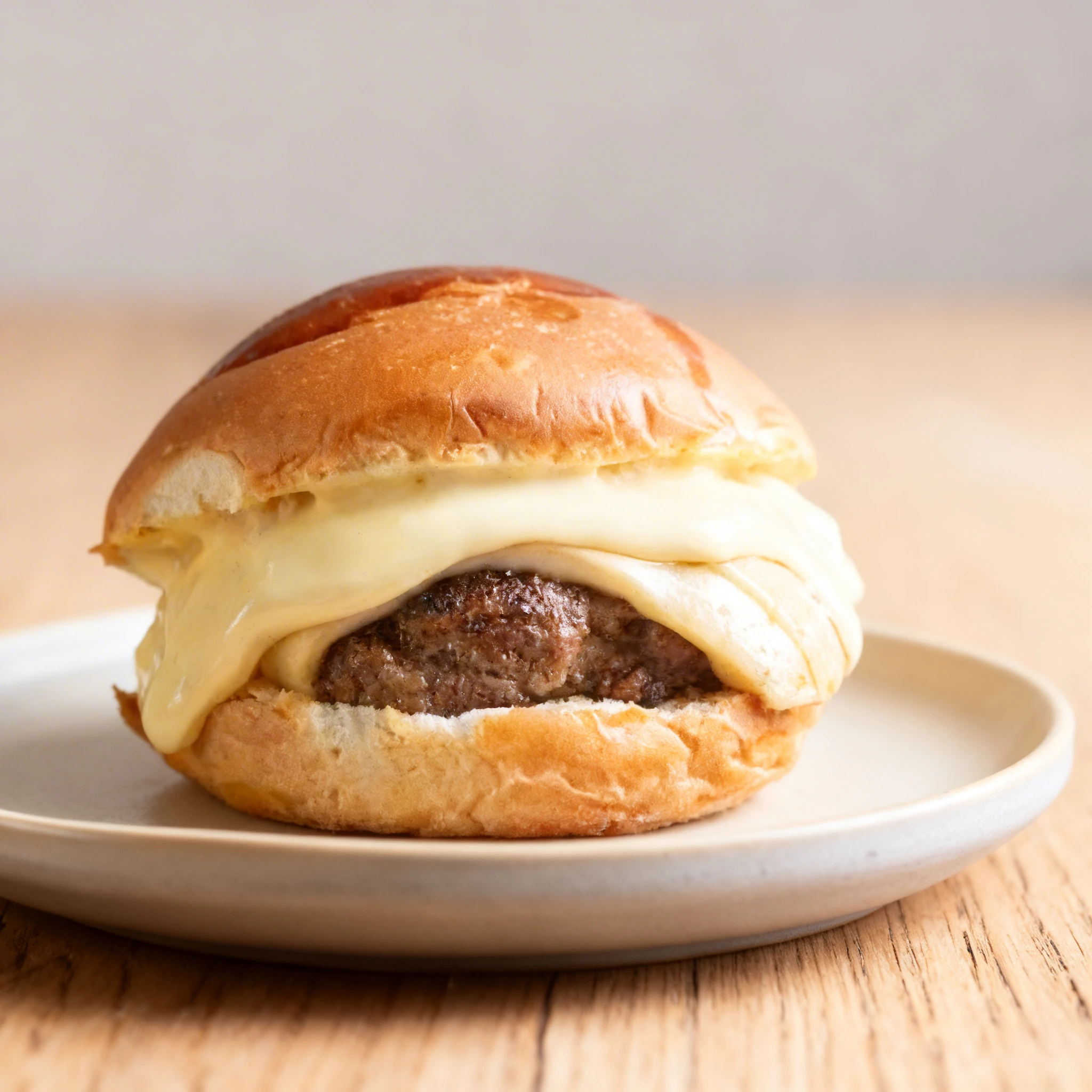 A thick beef patty cheeseburger on a toasted brioche bun with a generous layer of melted cheese sauce.