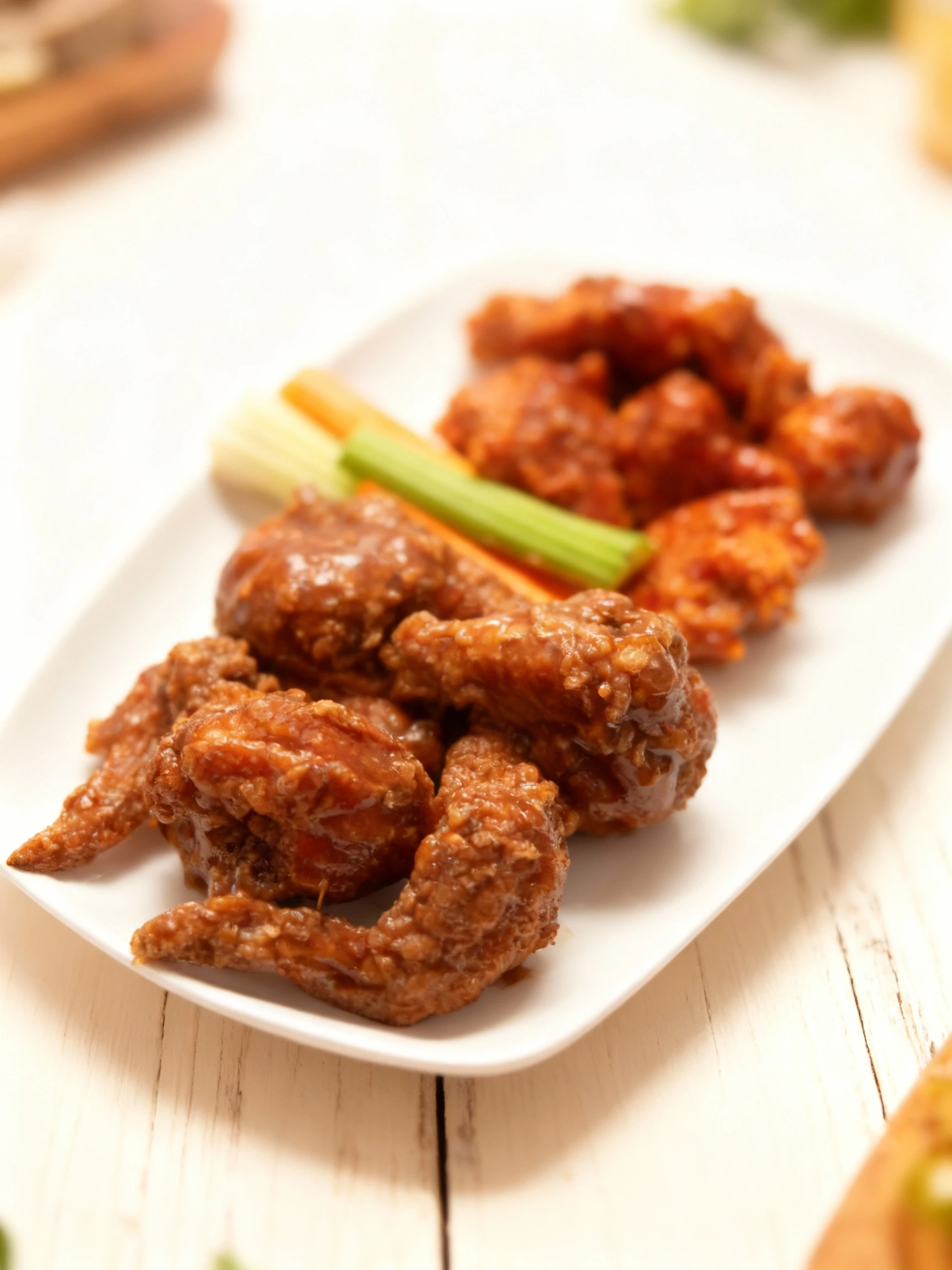 A platter featuring two varieties of glazed chicken wings and boneless bites accompanied by fresh celery and carrot sticks.