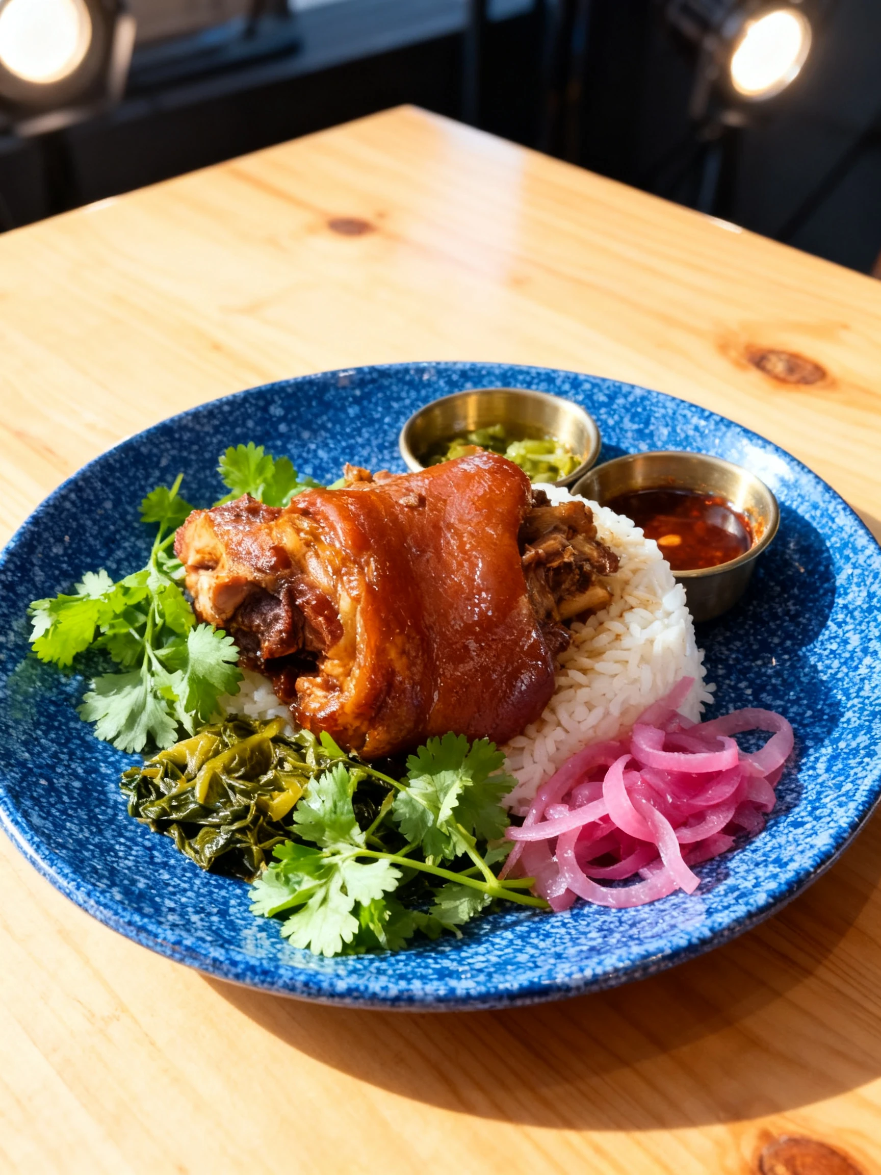 Braised pork hock served over steamed white rice, accompanied by pickled red onions, mustard greens, and small dishes of chili oil and sauce.